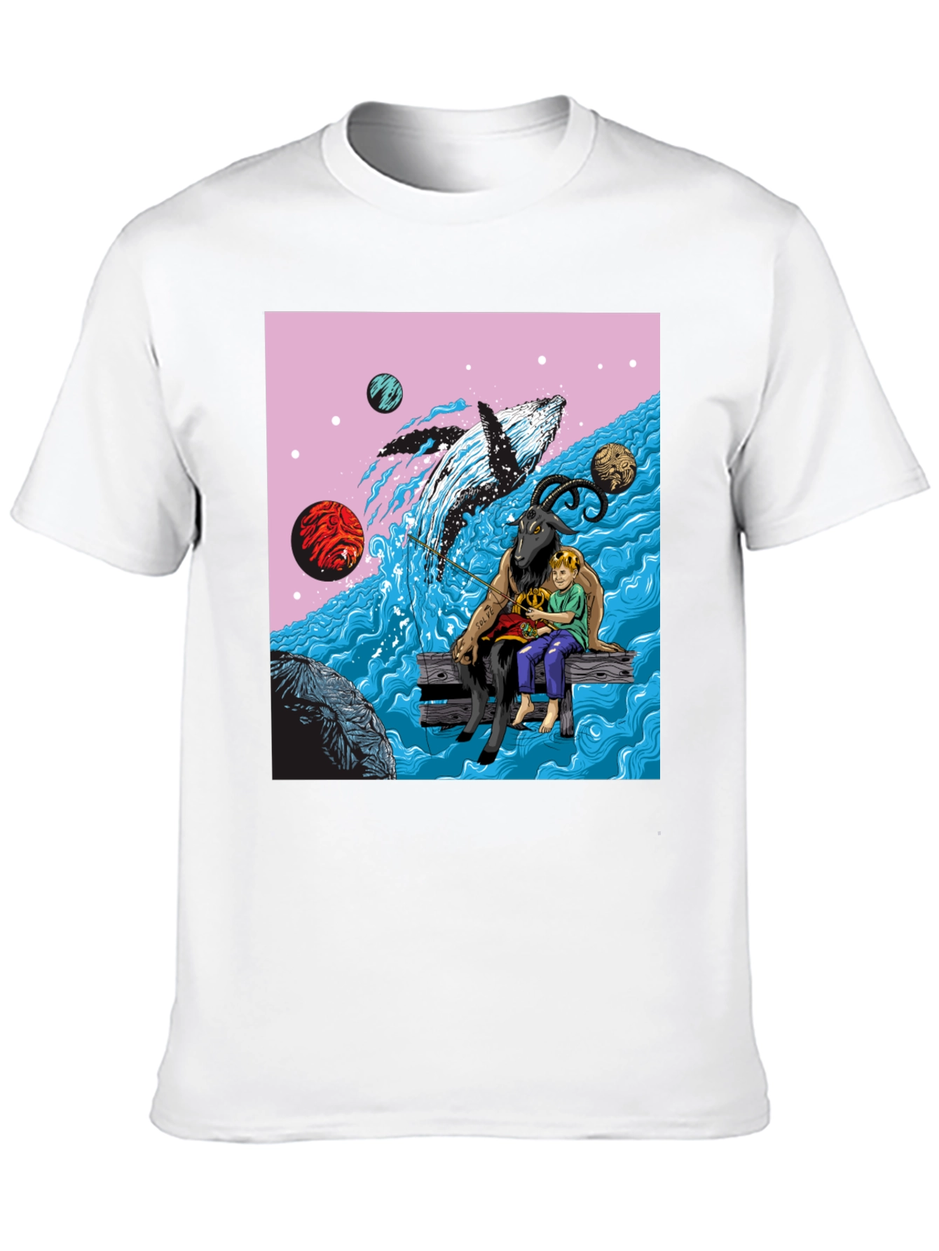 Black Whimsical Goat, Boy, and Whale Graphic Tee view 10