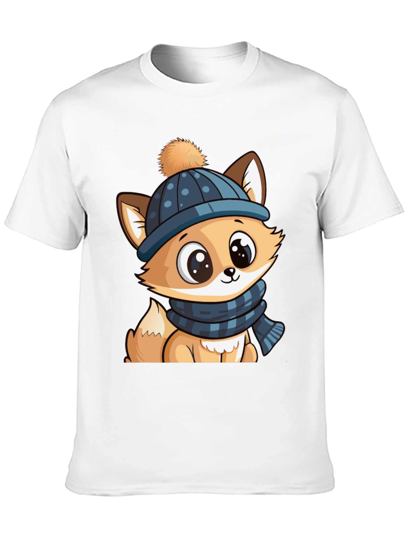 Black Cute Cartoon Fox with Winter Hat Graphic Tee view 10