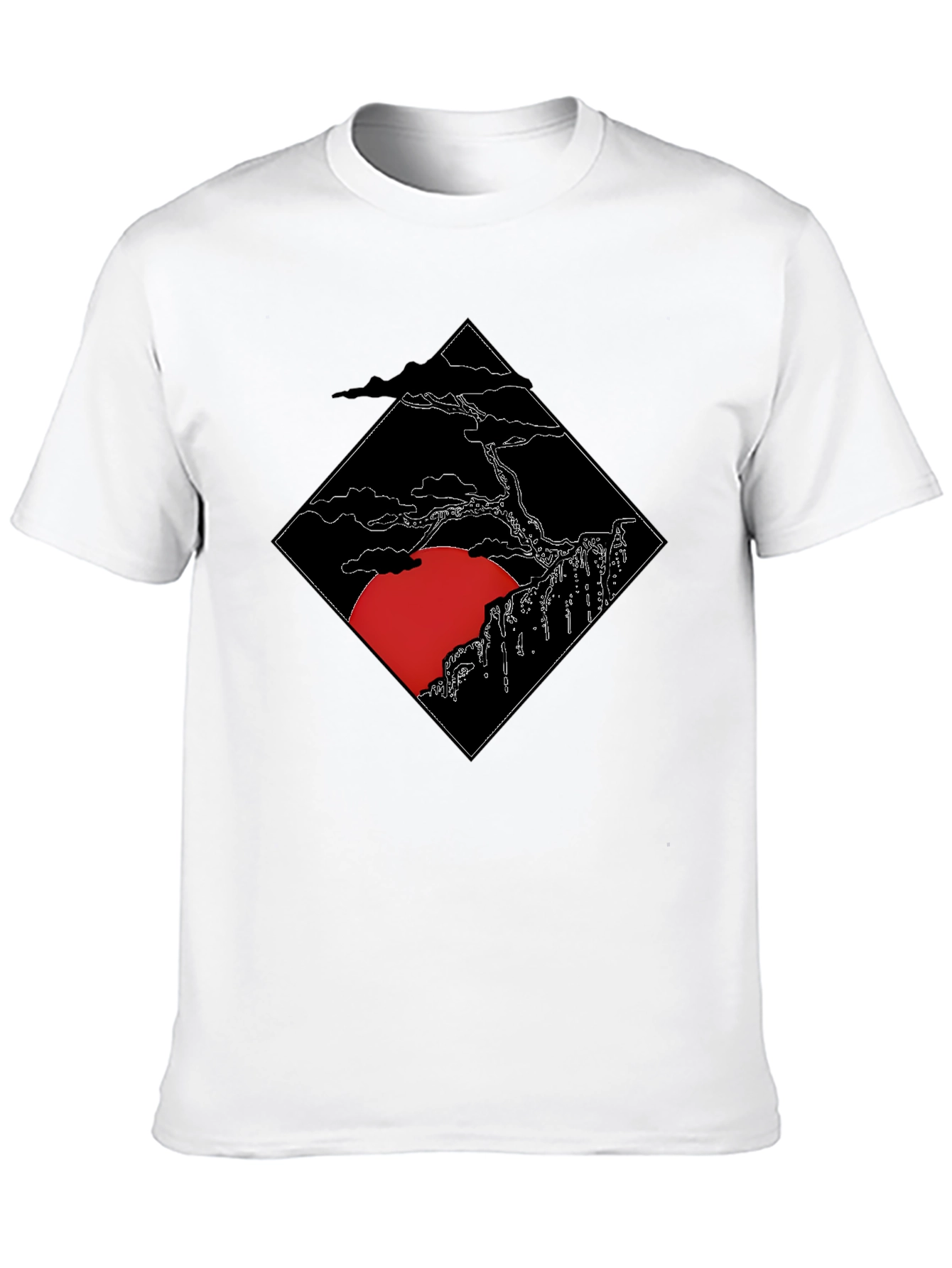 Black Men's Black T-Shirt with Japanese Sunset Design view 10