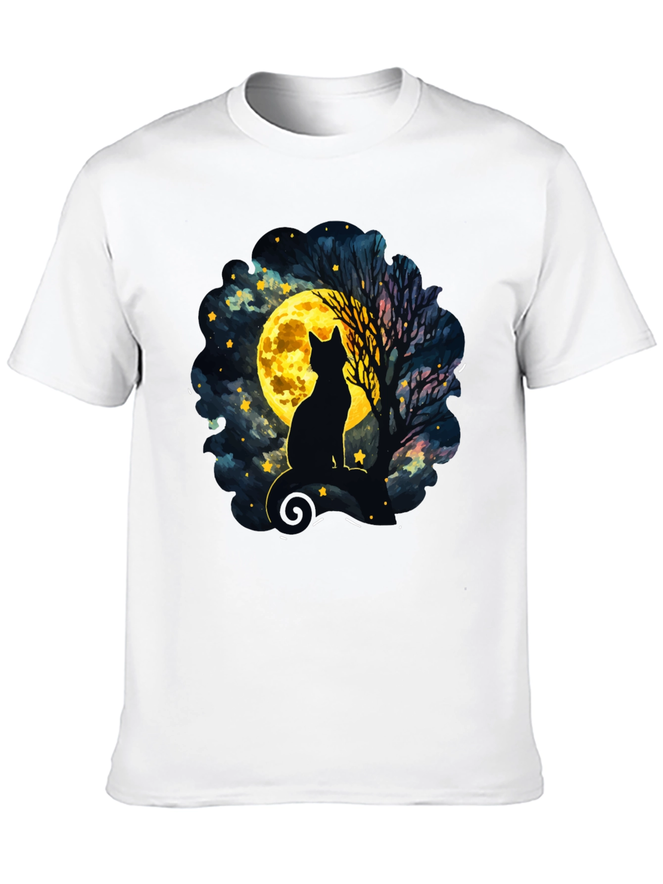Black Moonlit Cat T-Shirt - Whimsical Night Sky Design view 10