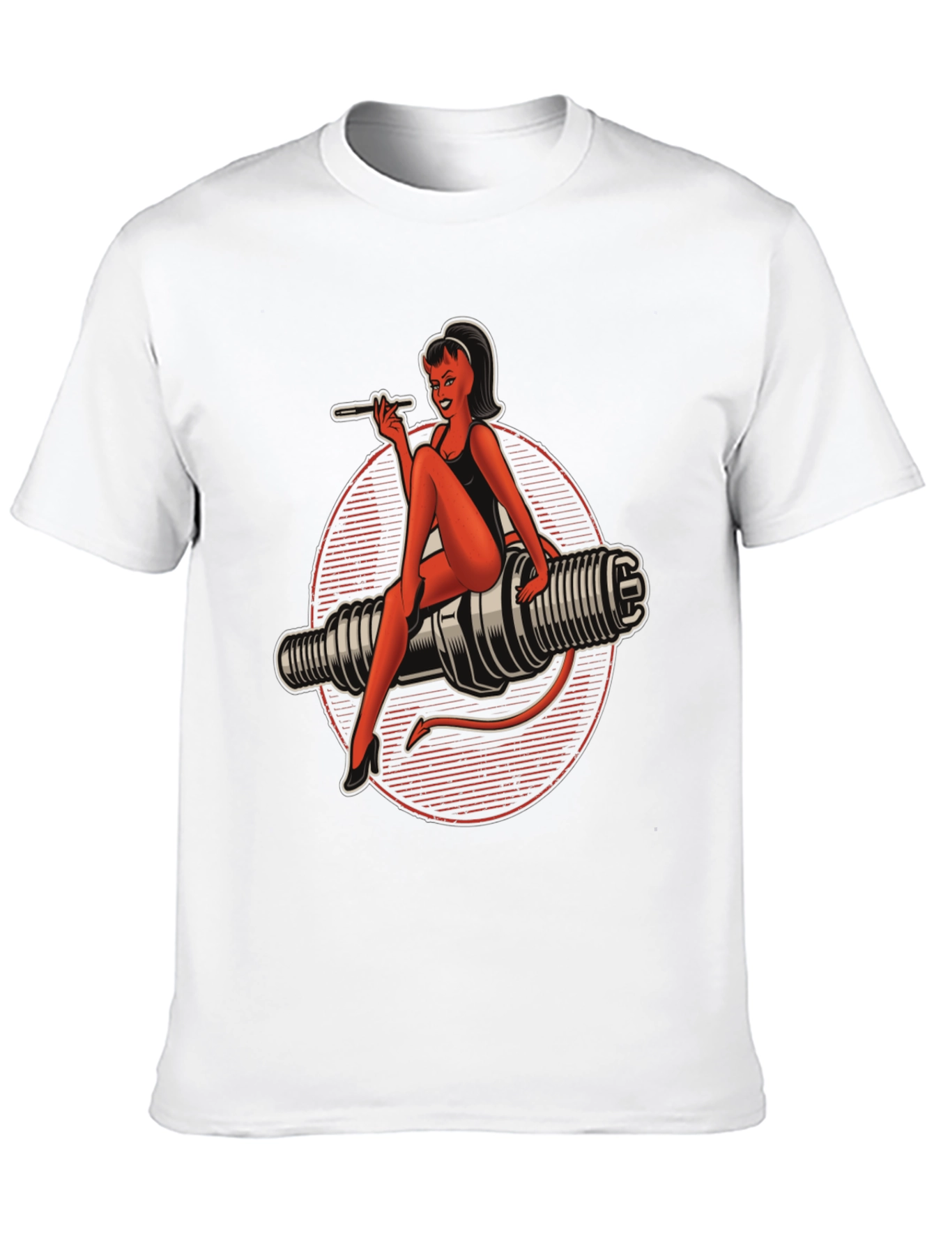 Black Devil Pin-Up Girl Spark Plug Graphic T-Shirt view 10
