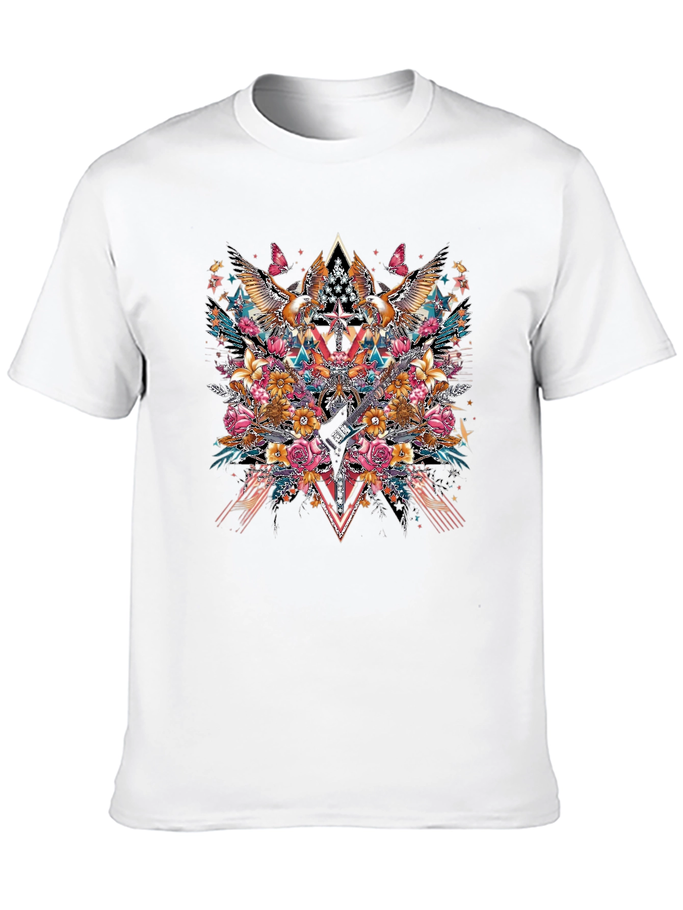 Black Floral Eagle Guitar Graphic Black T-Shirt view 10