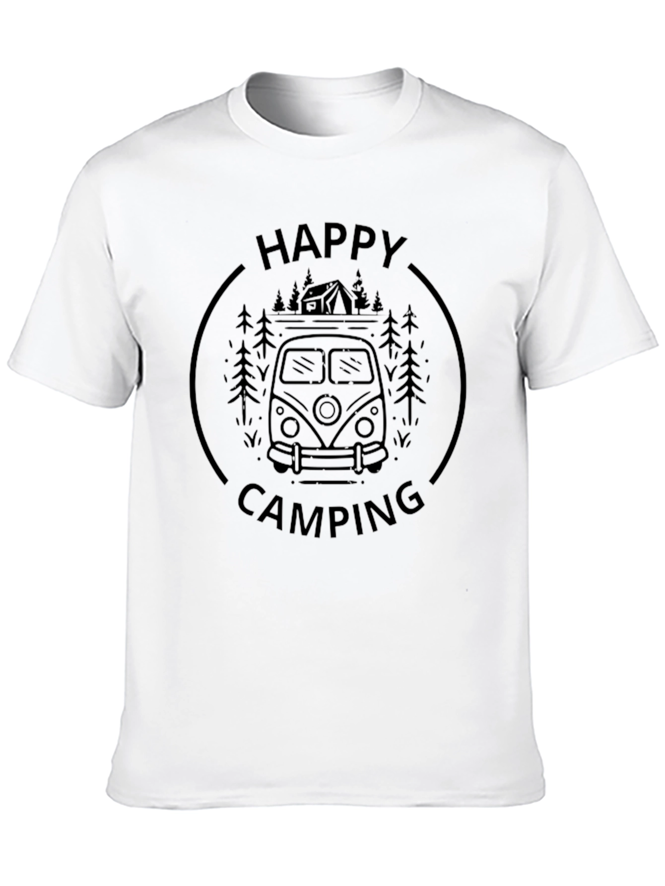 Black Happy Camping T-Shirt: Retro Camper Van Design view 10