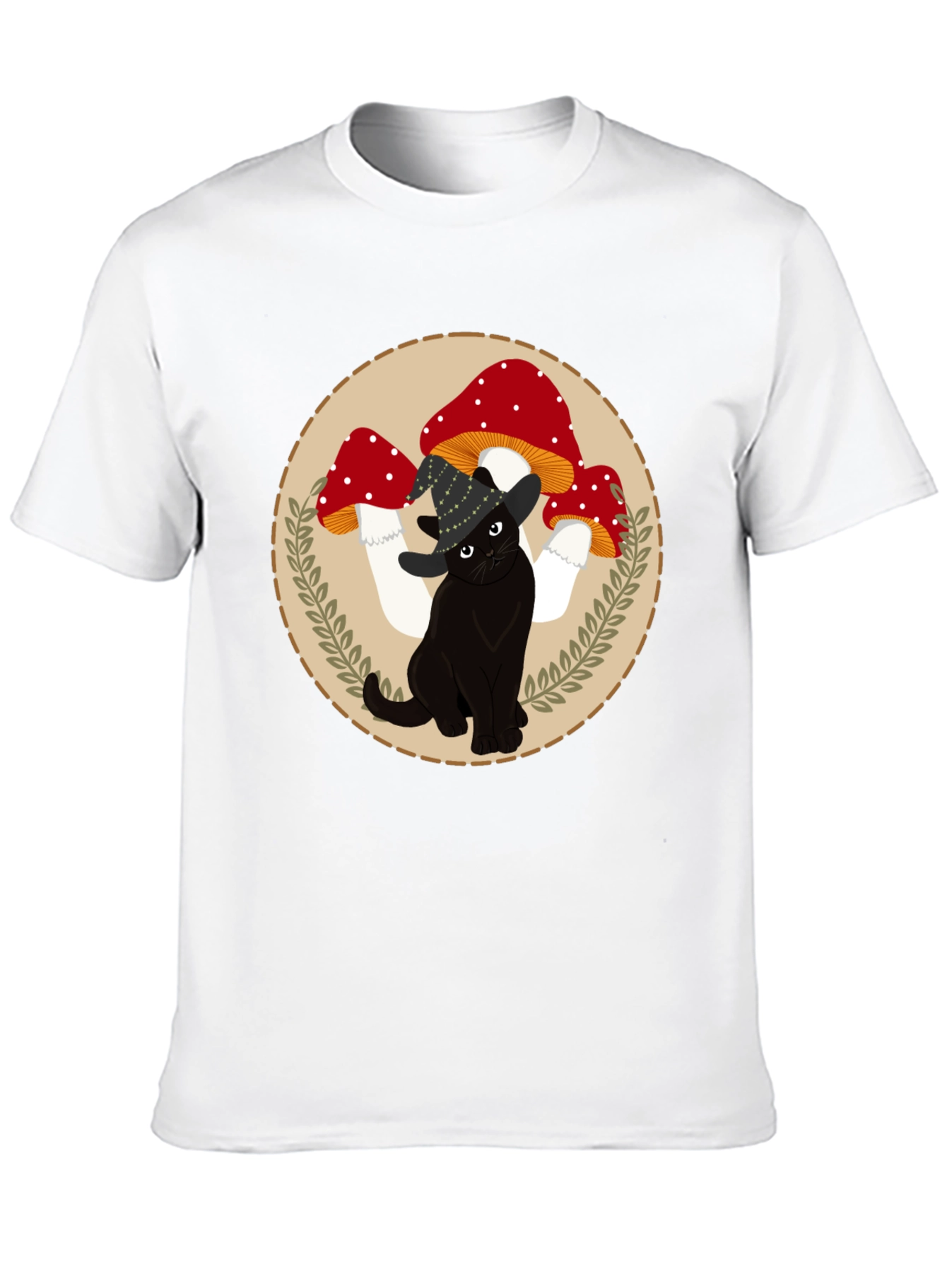Black Black Cat & Mushroom T-Shirt - Whimsical Graphic Tee view 10