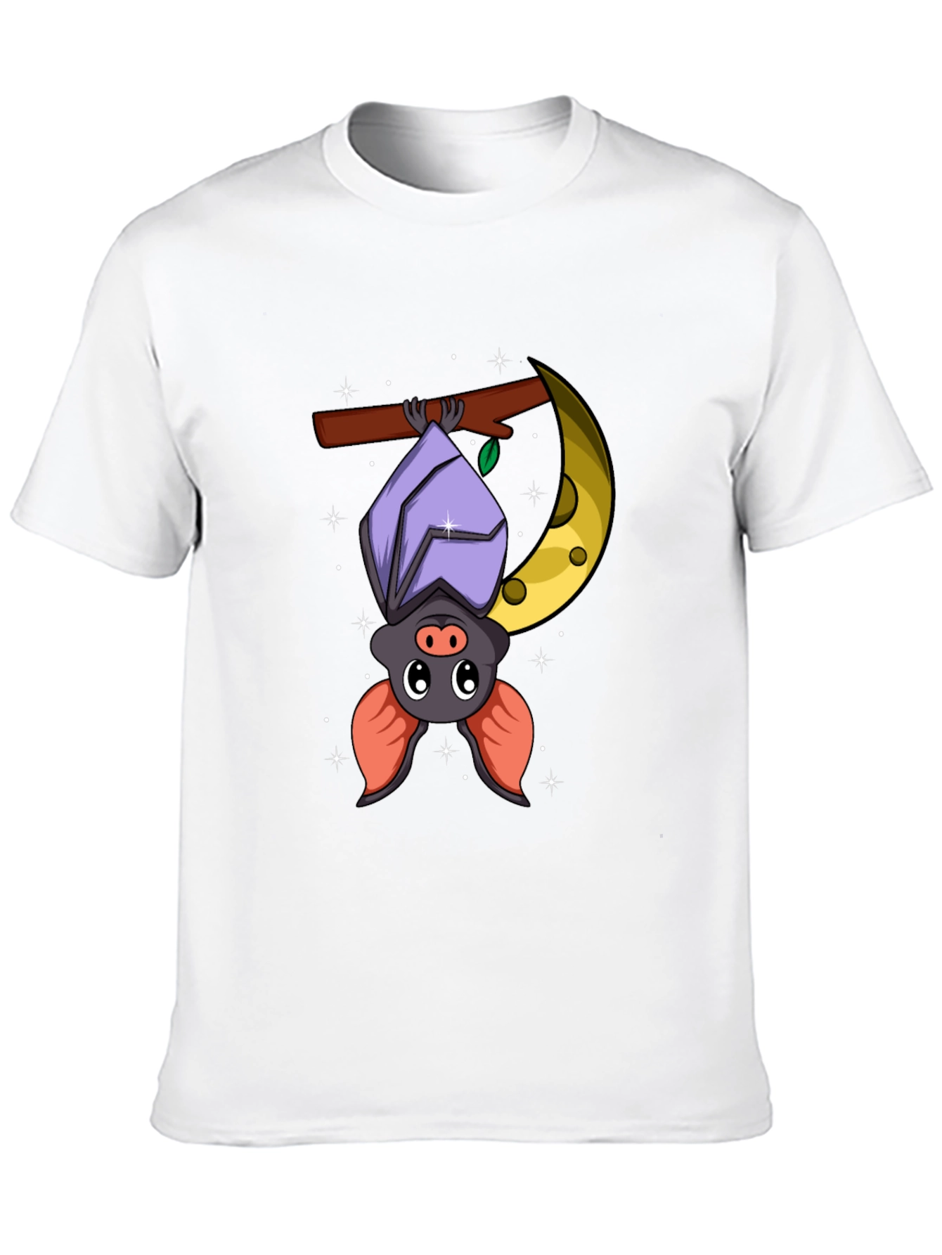 Black Cute Bat on Moon Graphic Tee - Black Cotton T-Shirt view 10