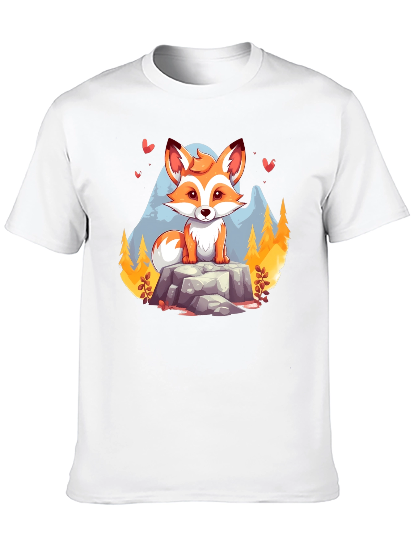 Black Cute Cartoon Fox on Rock Graphic Tee - Unisex Black T-Shirt view 10