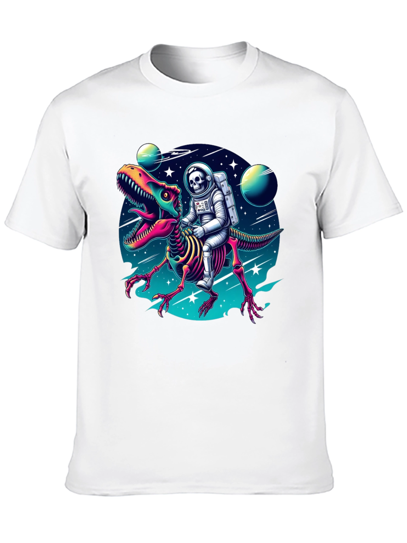 Black Astronaut Skeleton Riding Dinosaur Graphic Tee view 10