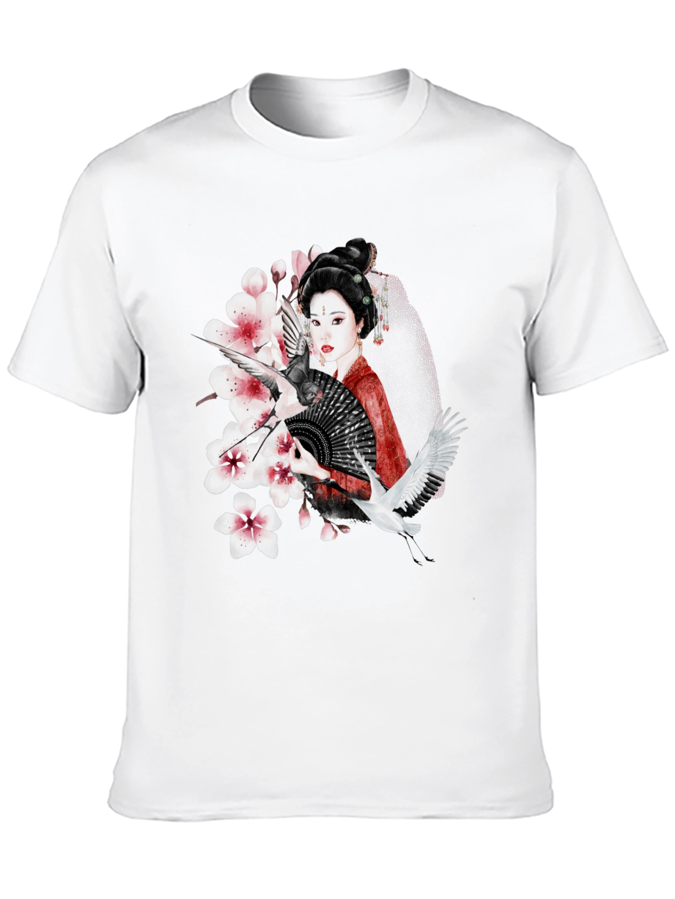 Black Asian Geisha Crane T-Shirt - Stylish Graphic Tee view 10