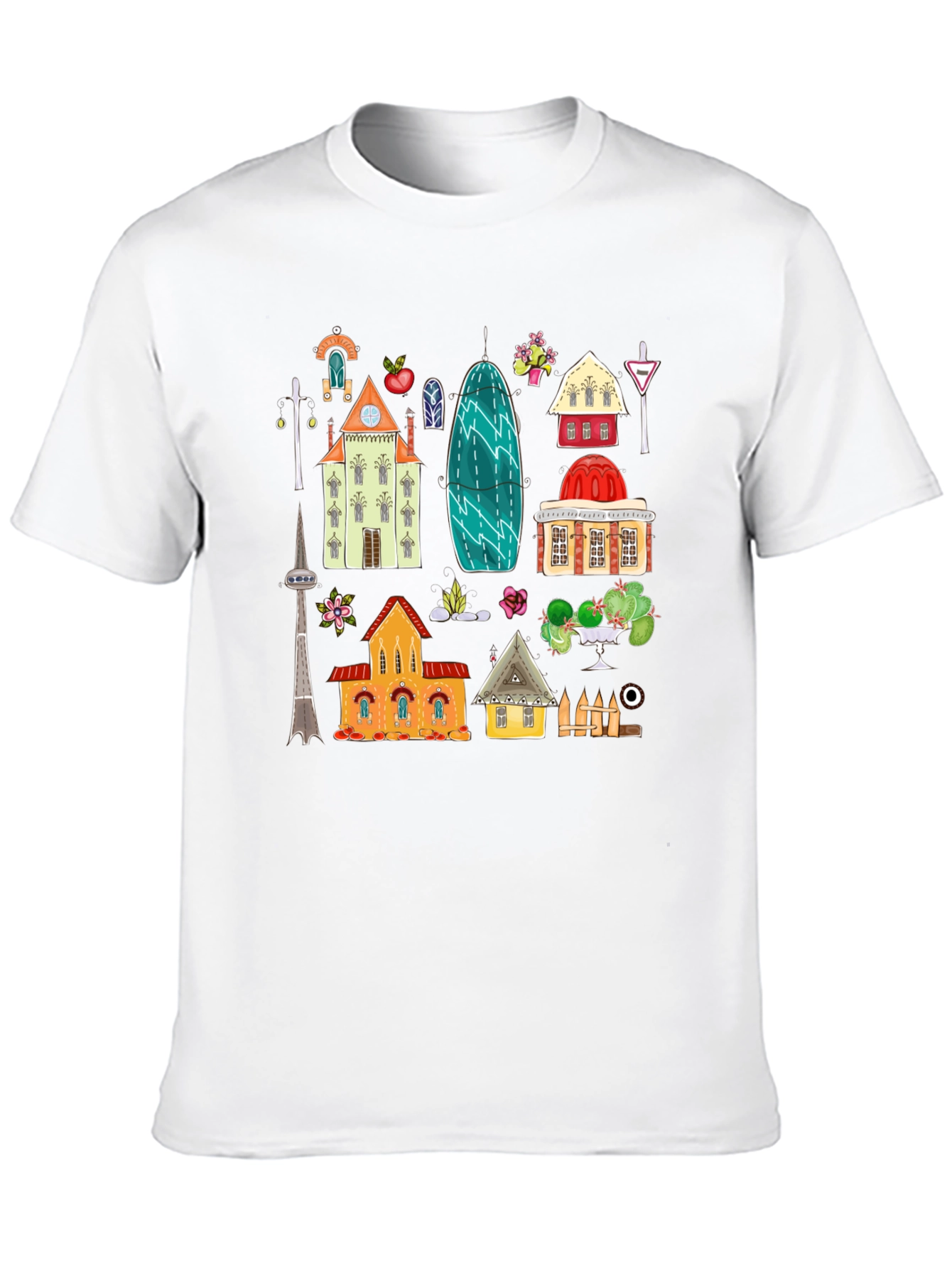 Black Cute Buildings Graphic Black T-Shirt view 10