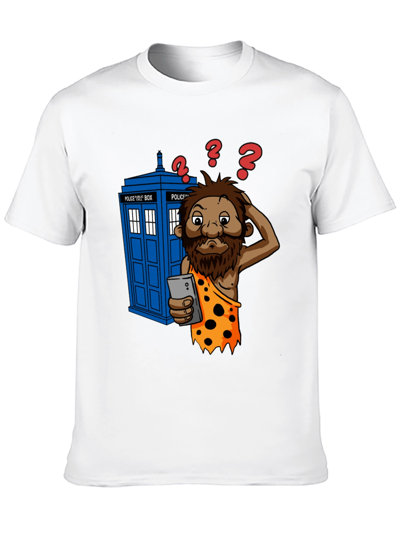 Black Time Traveler T-Shirt - Confused Caveman & Phone view 10