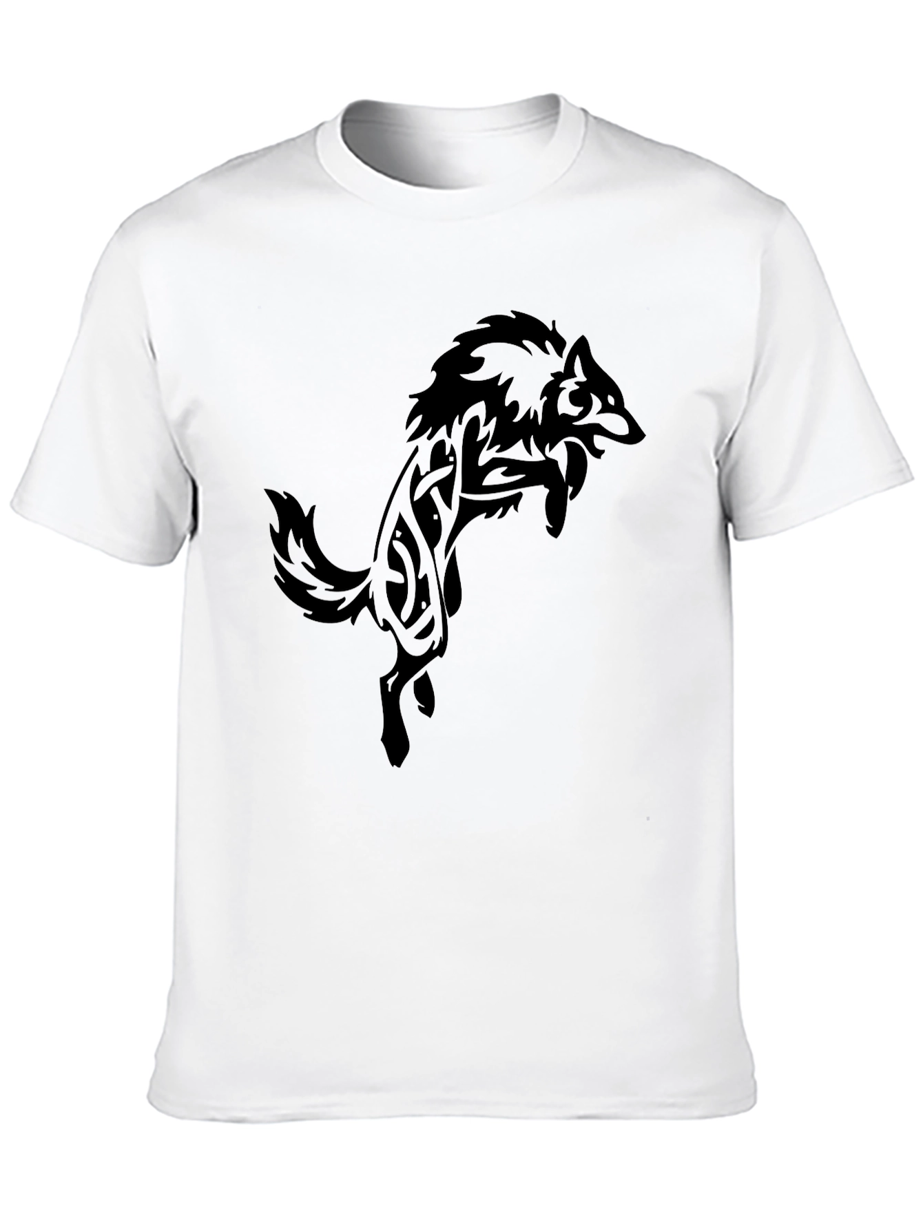 Black Men's Black T-Shirt with Tribal Wolf Design view 10