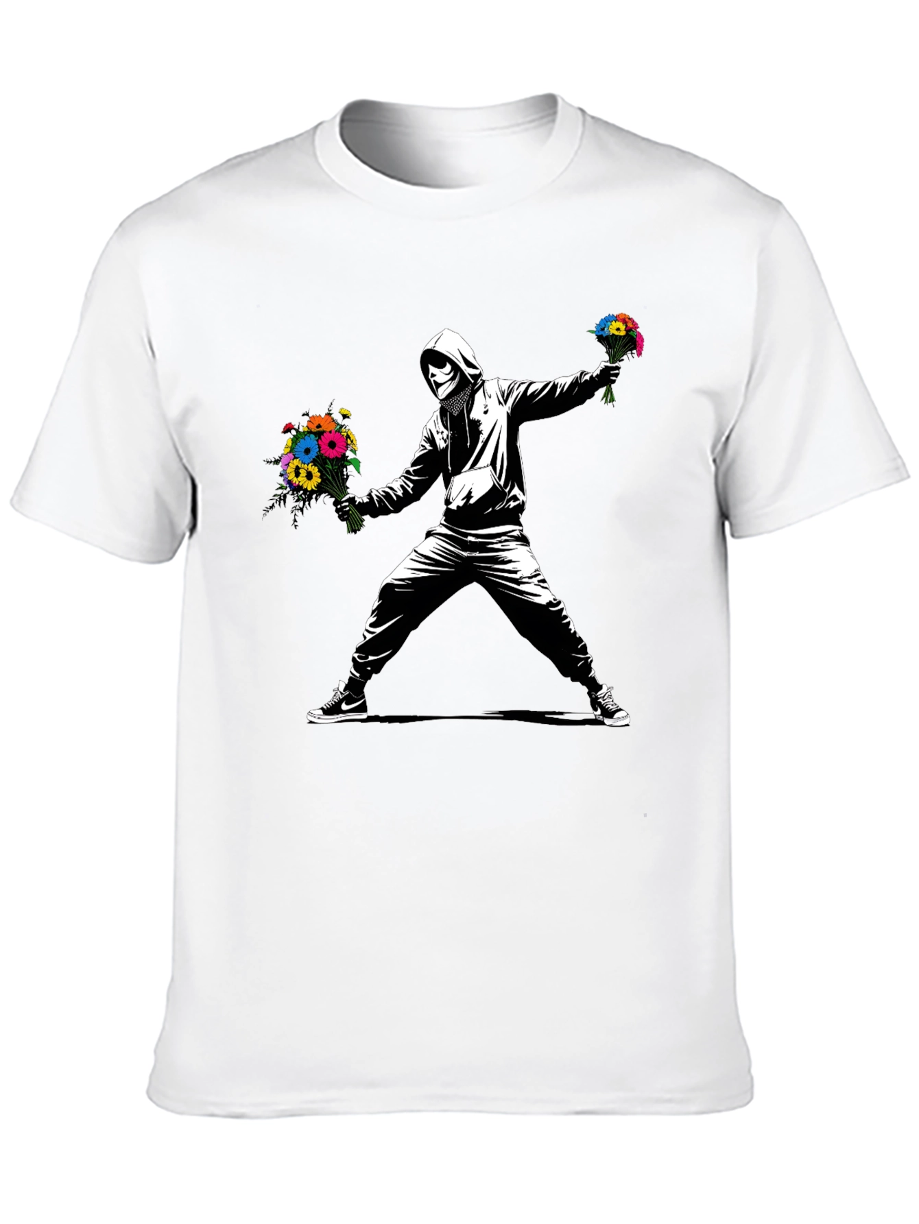 Black Banksy Flower Bomber T-Shirt - Street Art Graphic Tee view 10