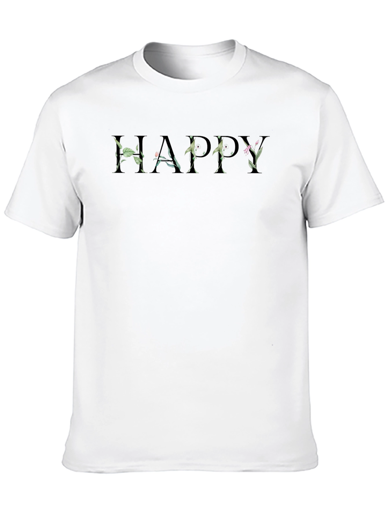 Black Floral "Happy" Black Crew Neck T-Shirt view 10
