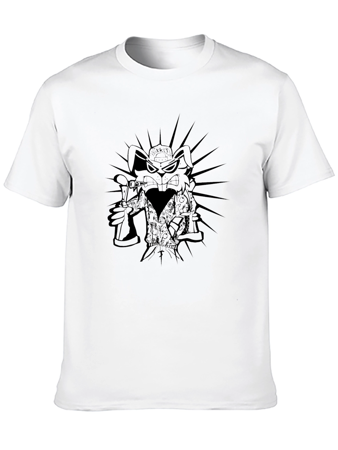 Black Men's Black Graphic T-Shirt - Cartoon Rabbit Design view 10