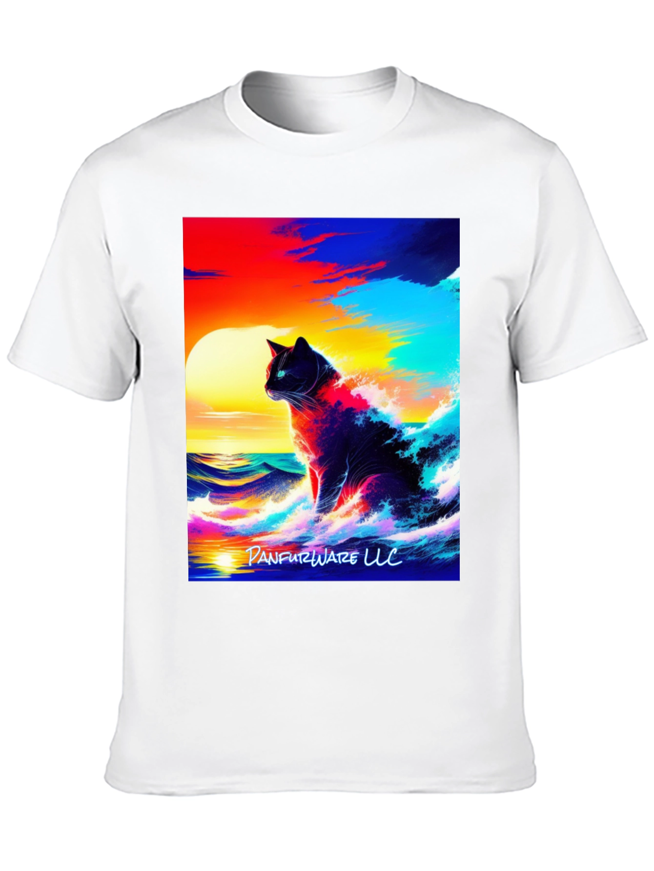 Black Cat Waves T-Shirt - Artistic Sunset Design view 10