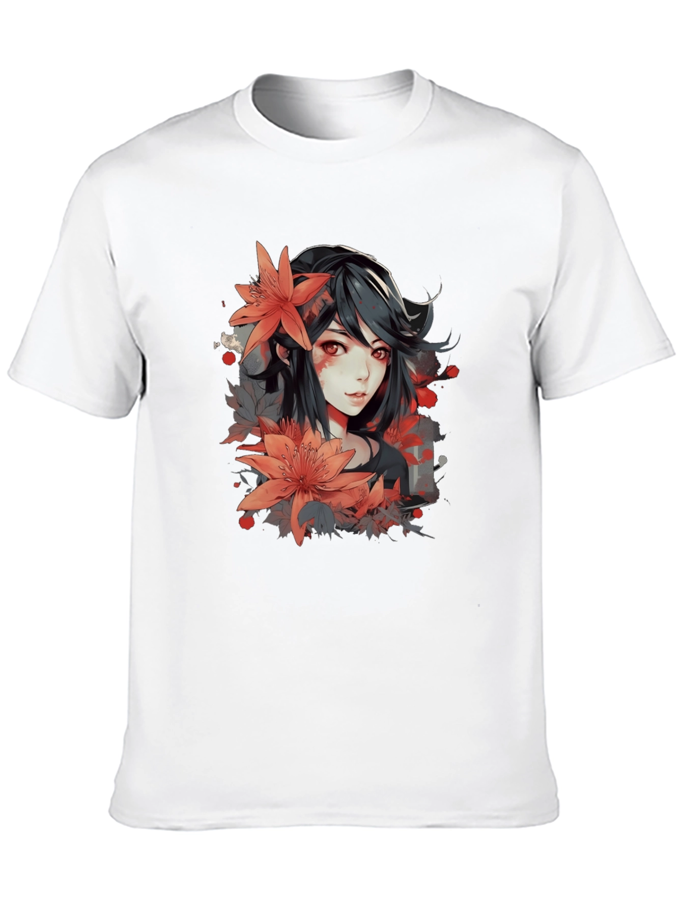 Black Anime Girl Floral Graphic Black T-Shirt view 10