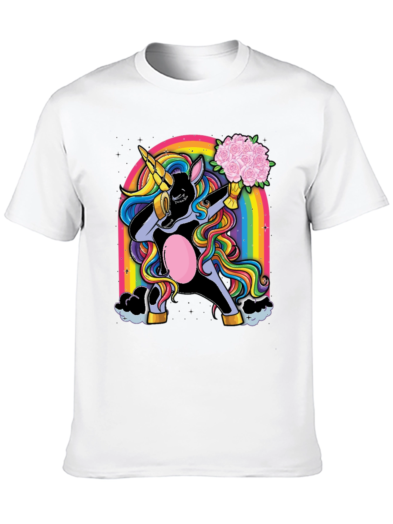 Black Dabbing Unicorn T-Shirt - Rainbow & Flowers view 10