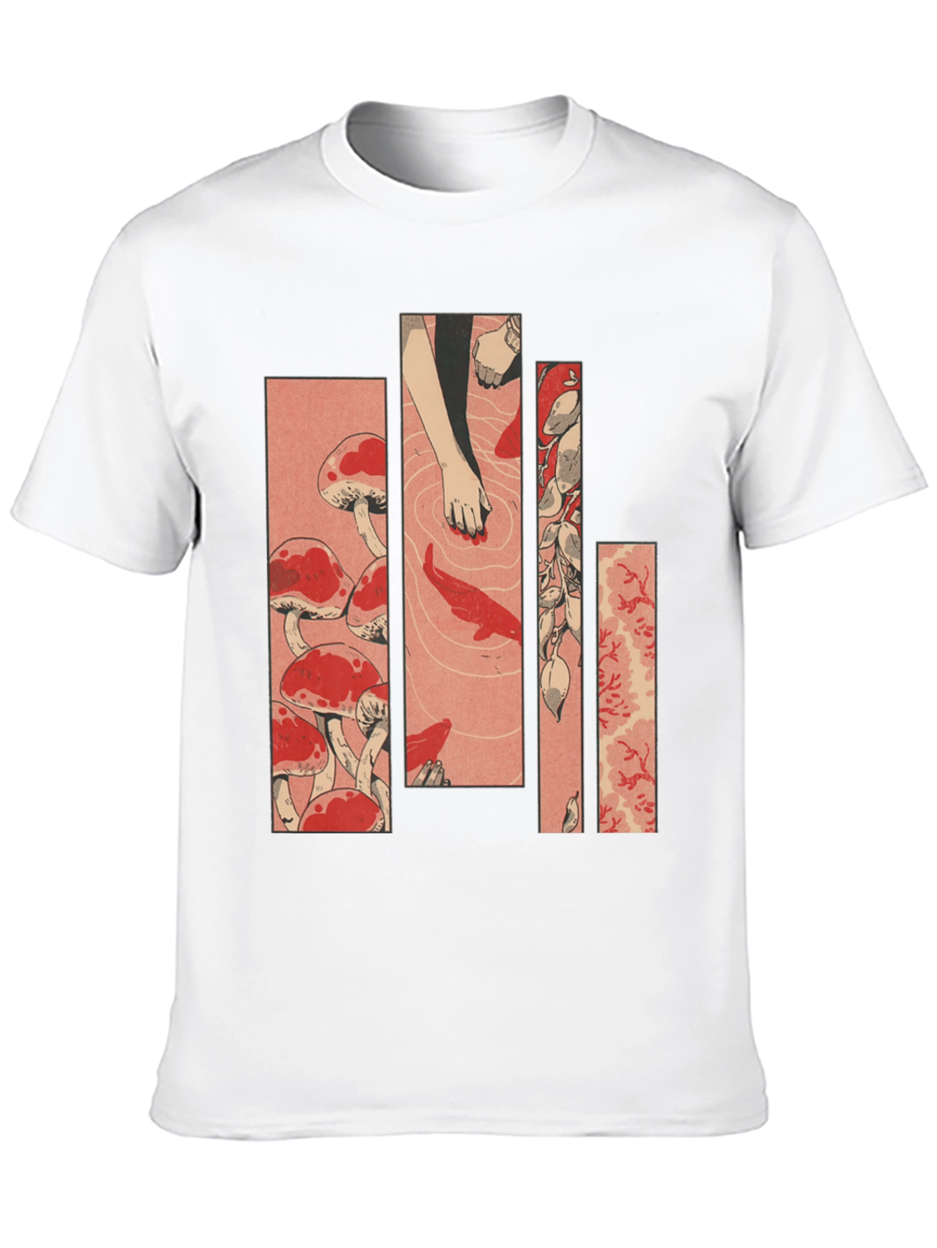 Black Ukiyo-e Style Mushroom & Koi Pond Graphic Tee view 10