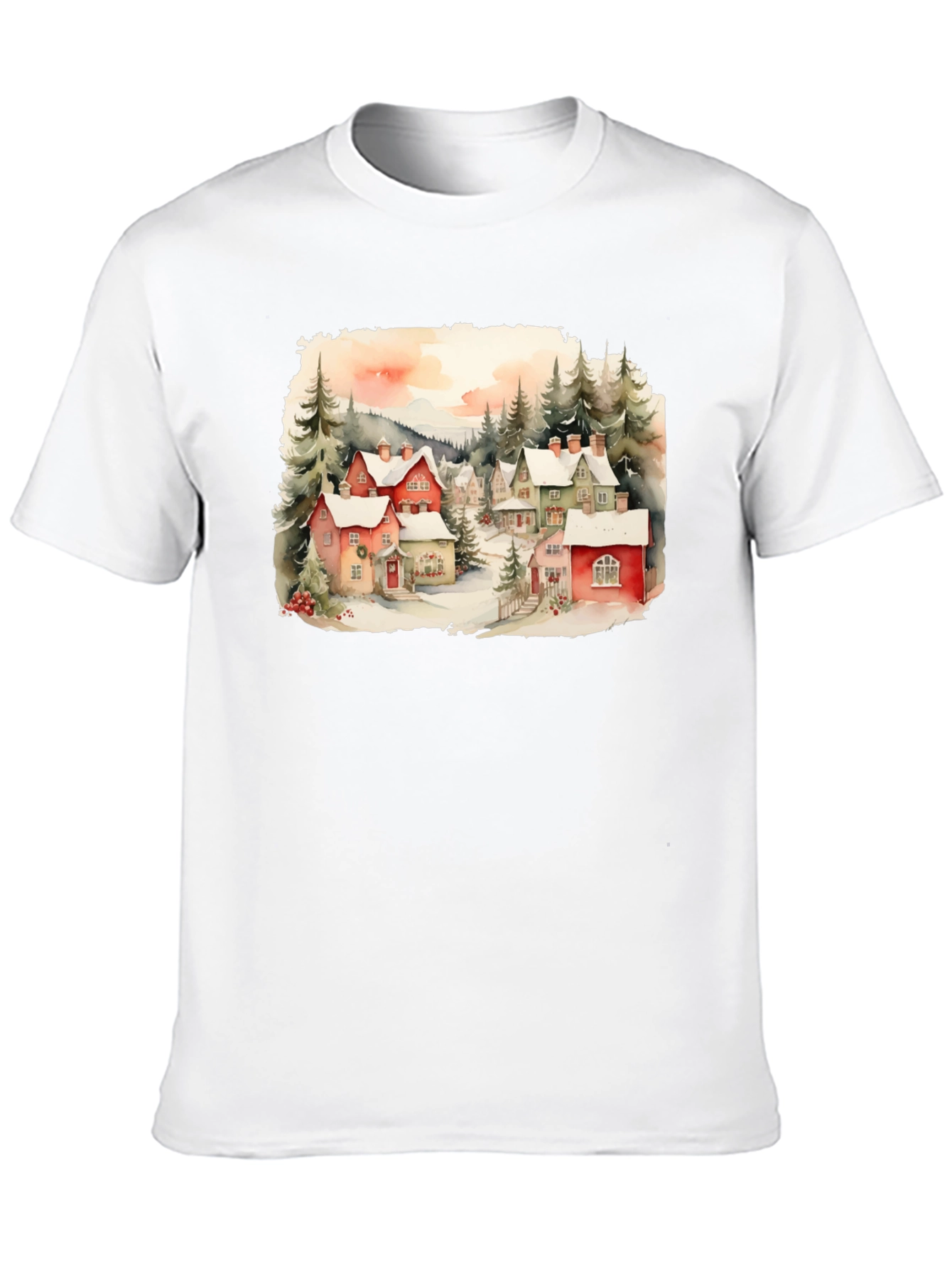 Black Watercolor Winter Village T-Shirt view 10