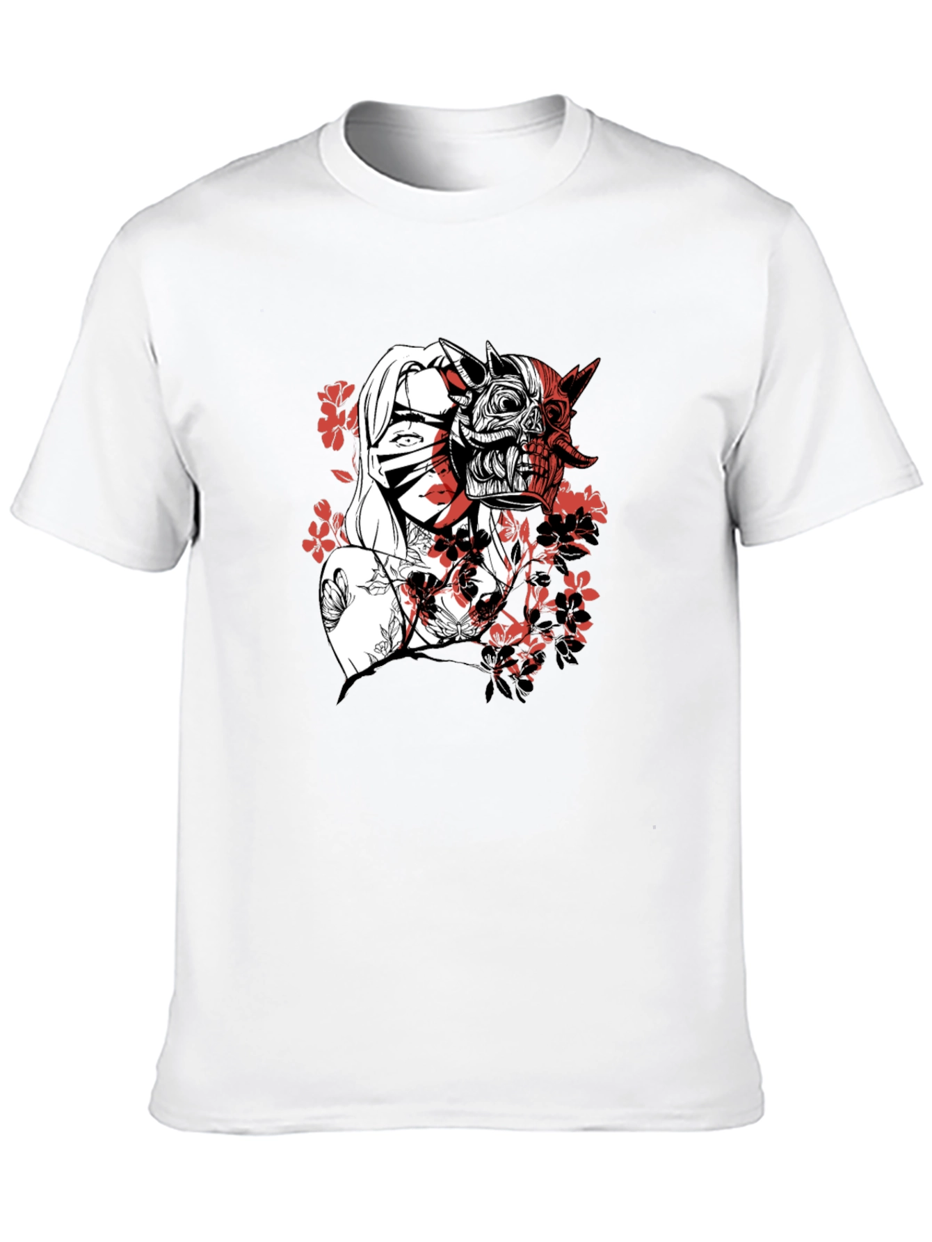 Black Men's Graphic Tee - Samurai Girl & Skull Design view 10