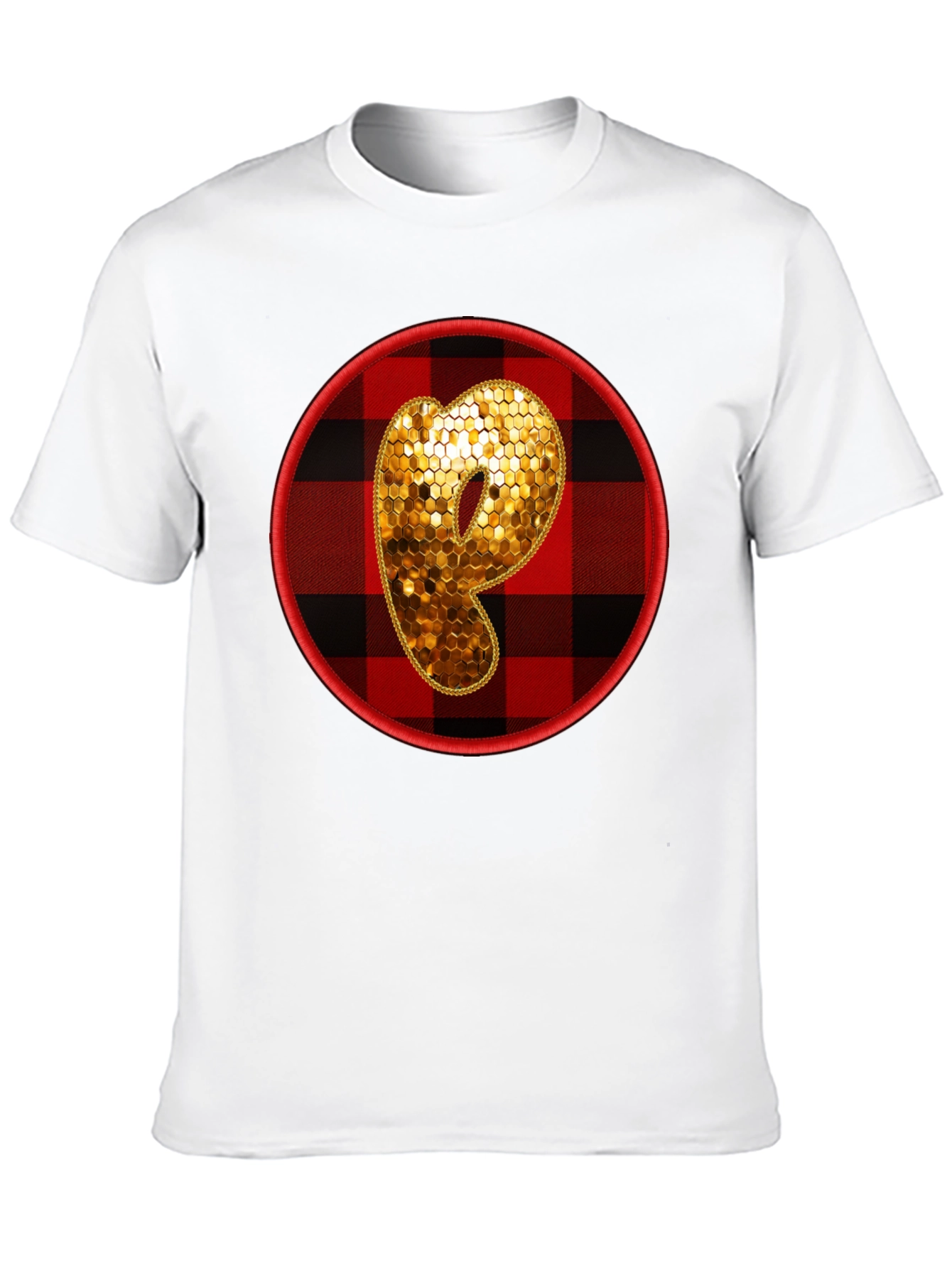 P Initial Black Tee with Plaid Circle - 10