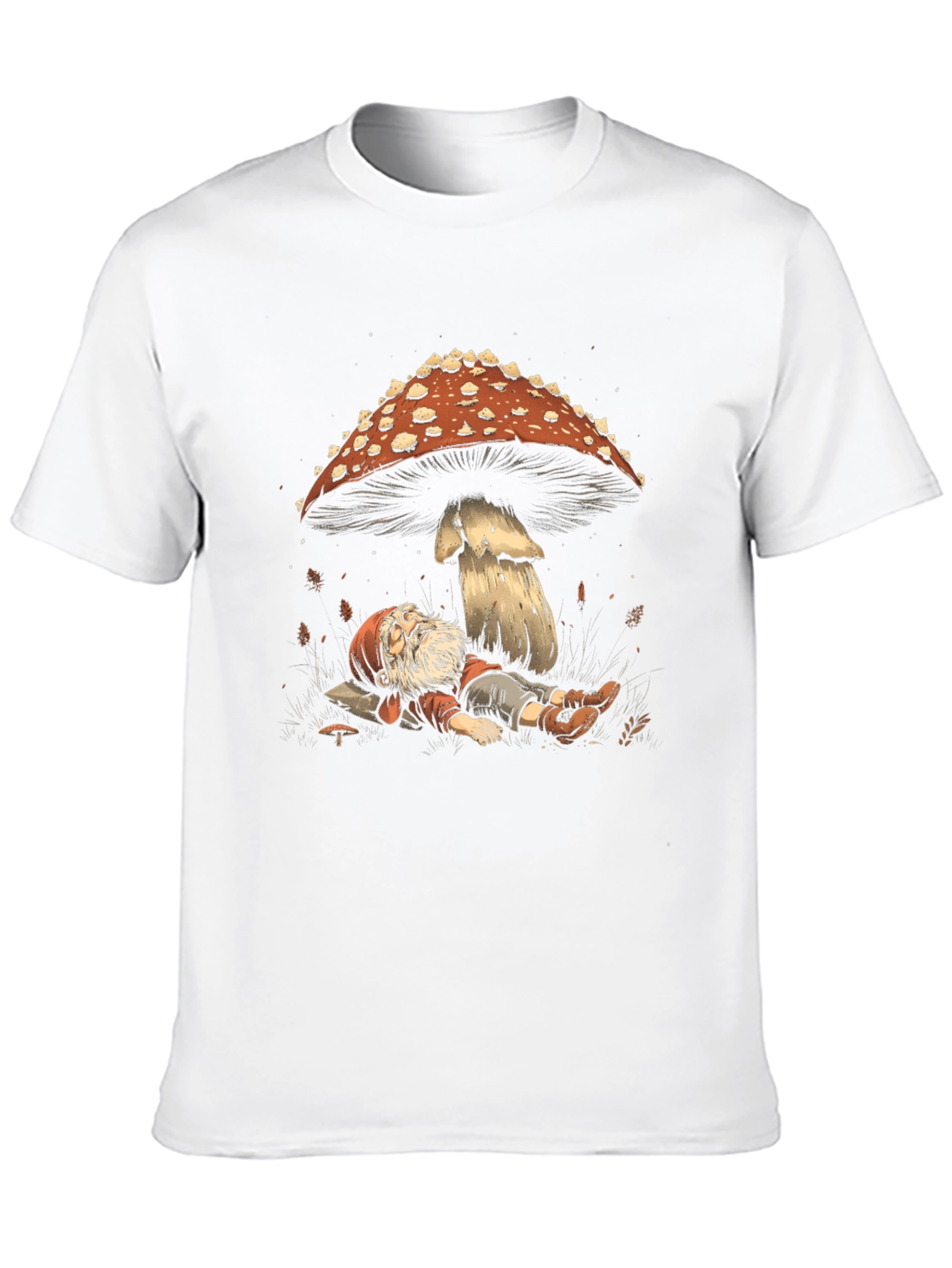 Black Whimsical Gnome Resting Under Mushroom Tee view 10