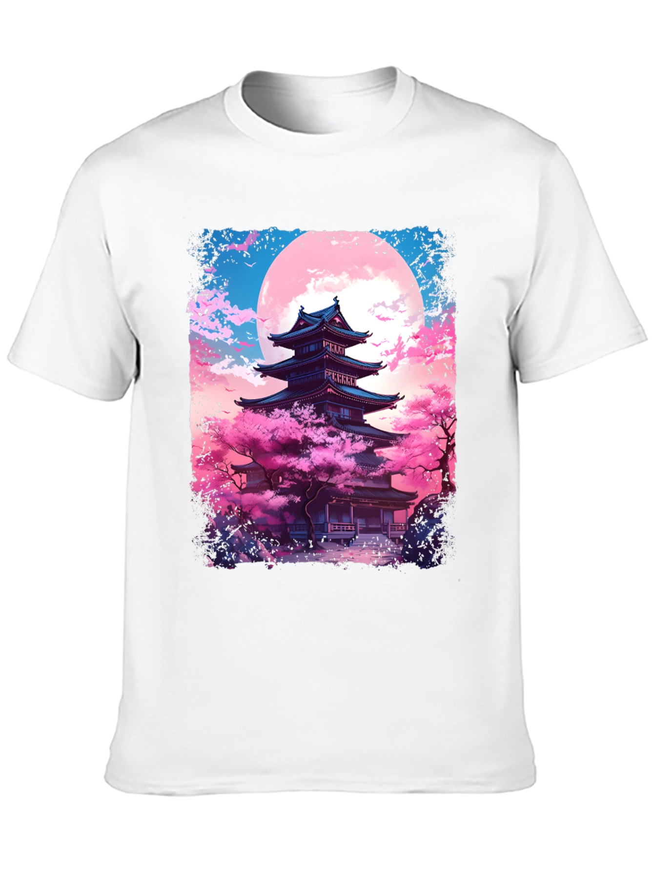 Black Japanese Temple Sakura Moon Men's Graphic Tee view 10