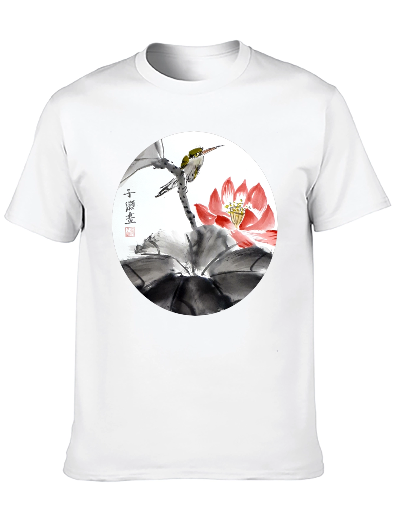 Black Artistic Bird & Lotus T-Shirt view 10