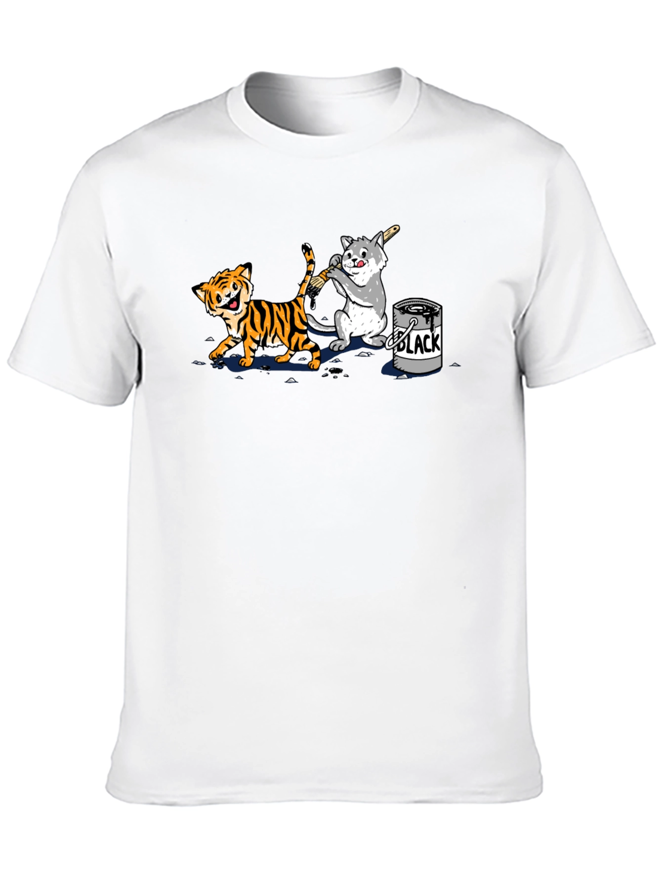 Black Funny Cartoon Cat and Tiger Black T-Shirt view 10