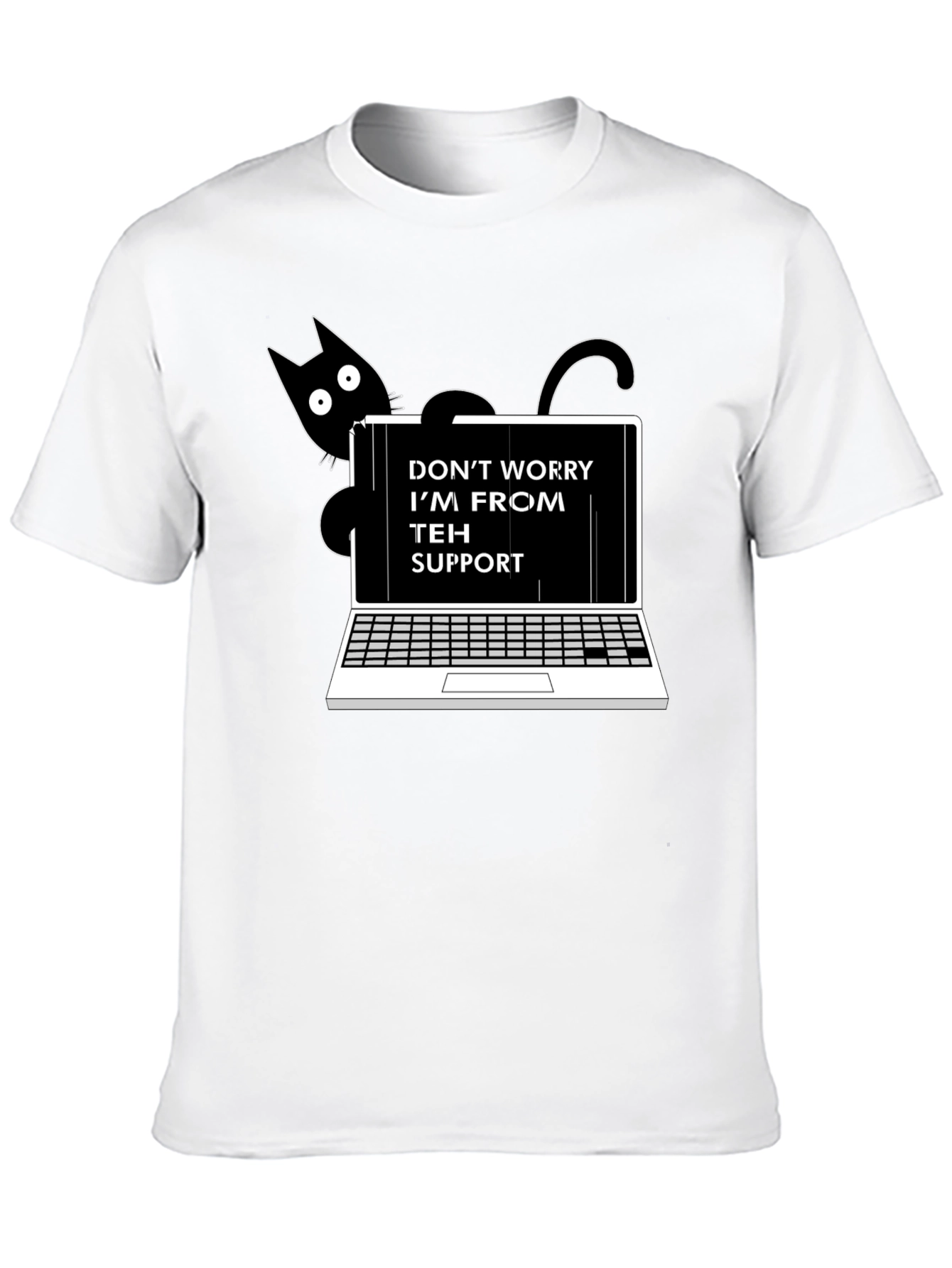 Black Funny "Teh Support" Cat Laptop Graphic Tee view 10