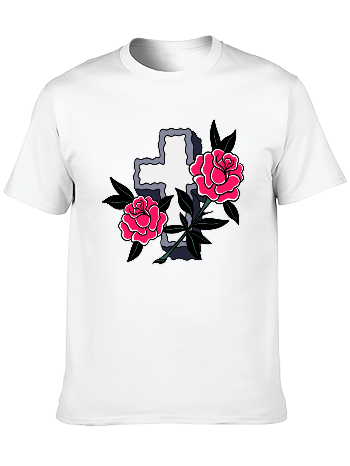 Black Cross & Roses Graphic T-Shirt - Classic Tattoo Style view 10