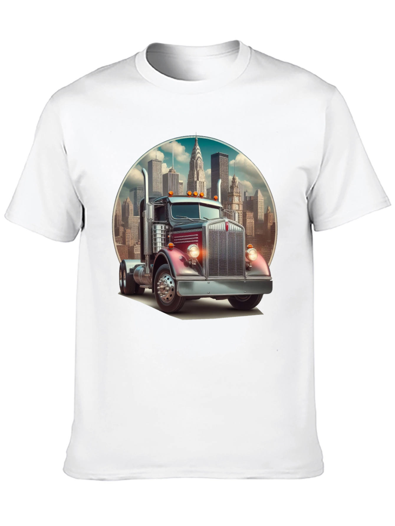 Black Trucker Tee: Vintage Big Rig & Cityscape view 10