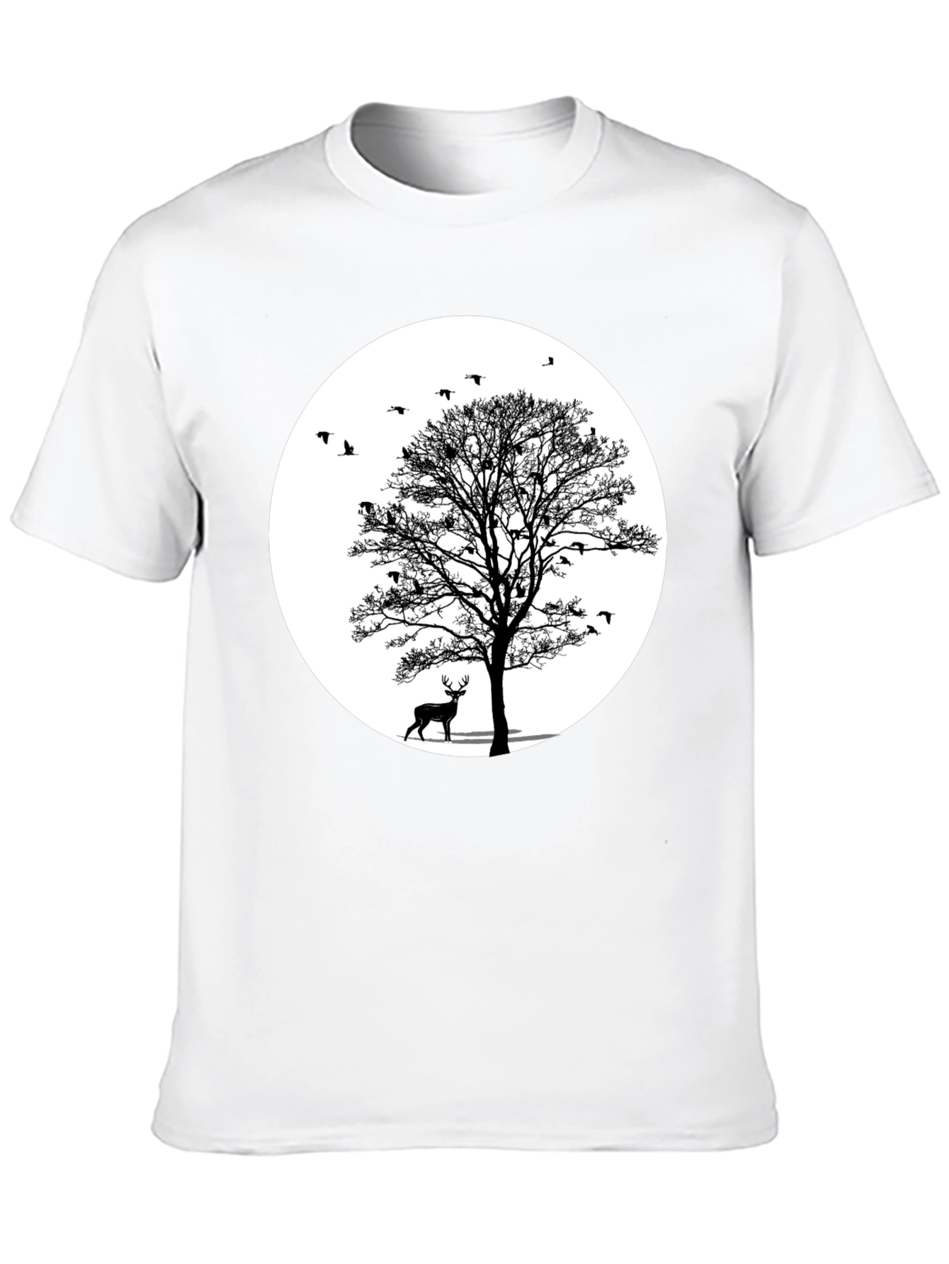Black Nature Scene Graphic Tee - Deer and Birds view 10