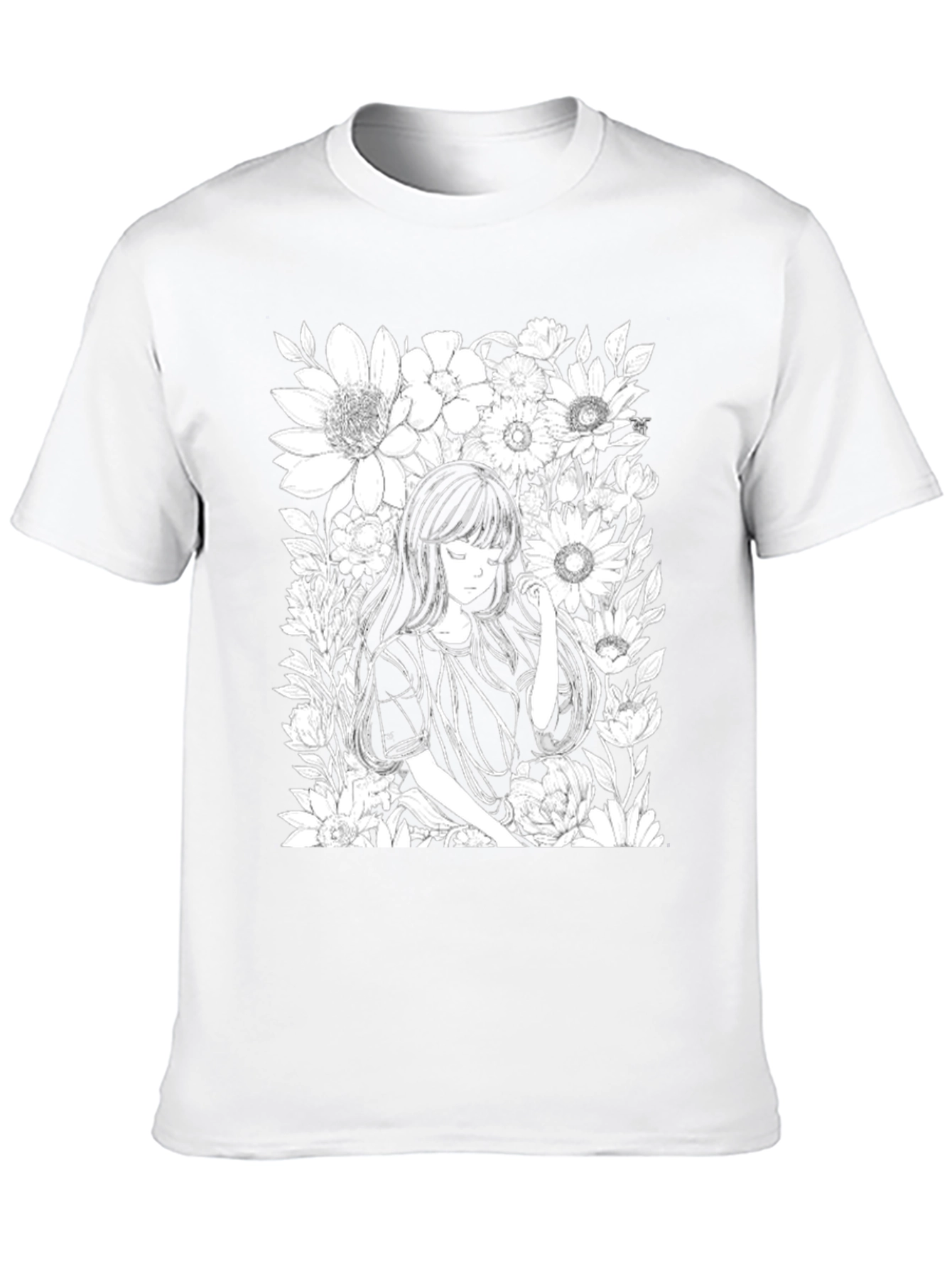 Black Anime Girl Floral T-Shirt - Black Cotton Tee view 10
