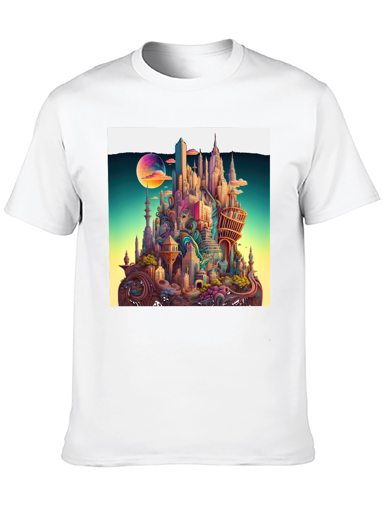 Black Whimsical Cityscape Graphic Tee - Unique Urban Fantasy Design view 10