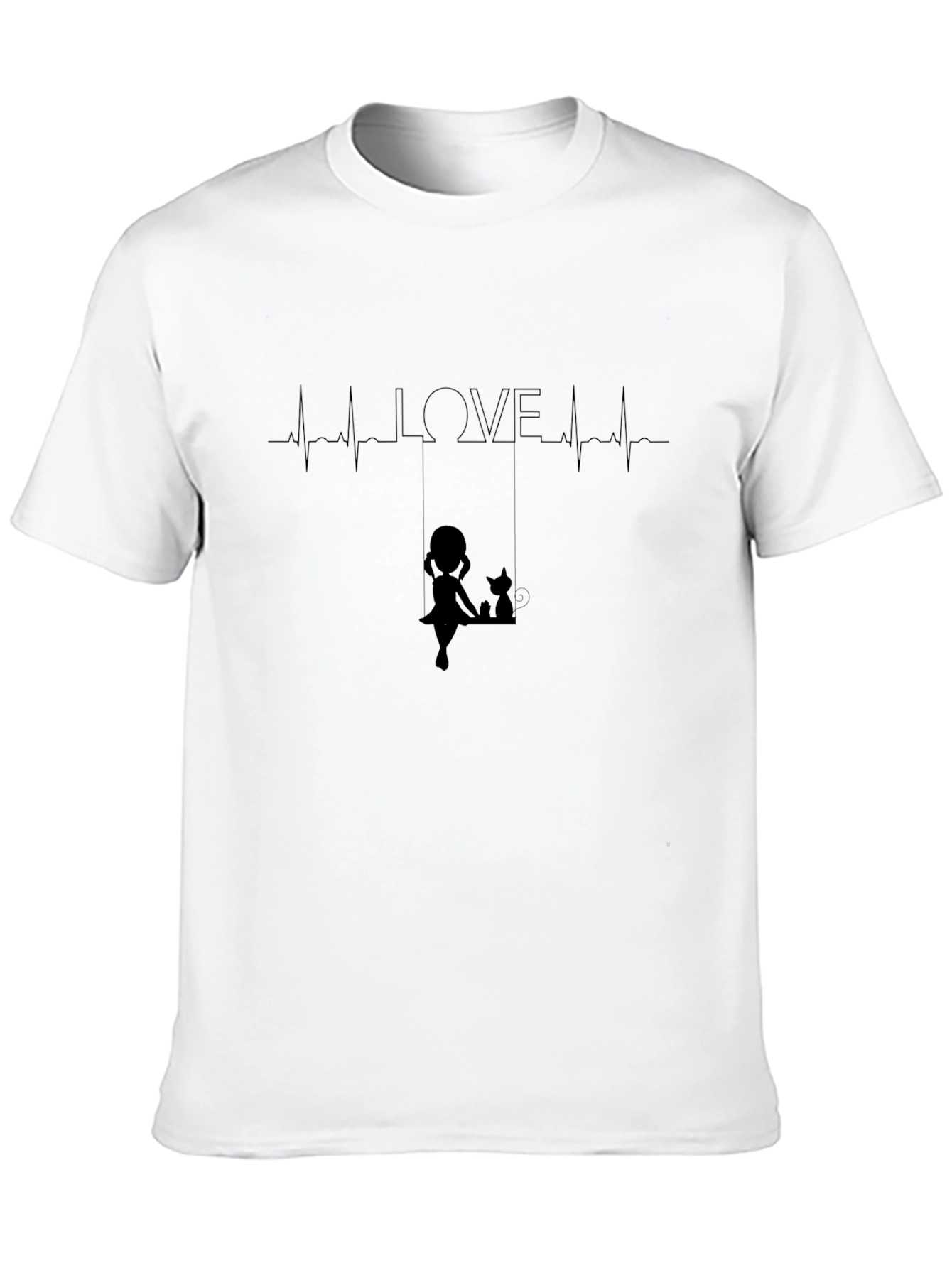 Black Love Heartbeat Girl and Cat on Swing Black T-Shirt view 10