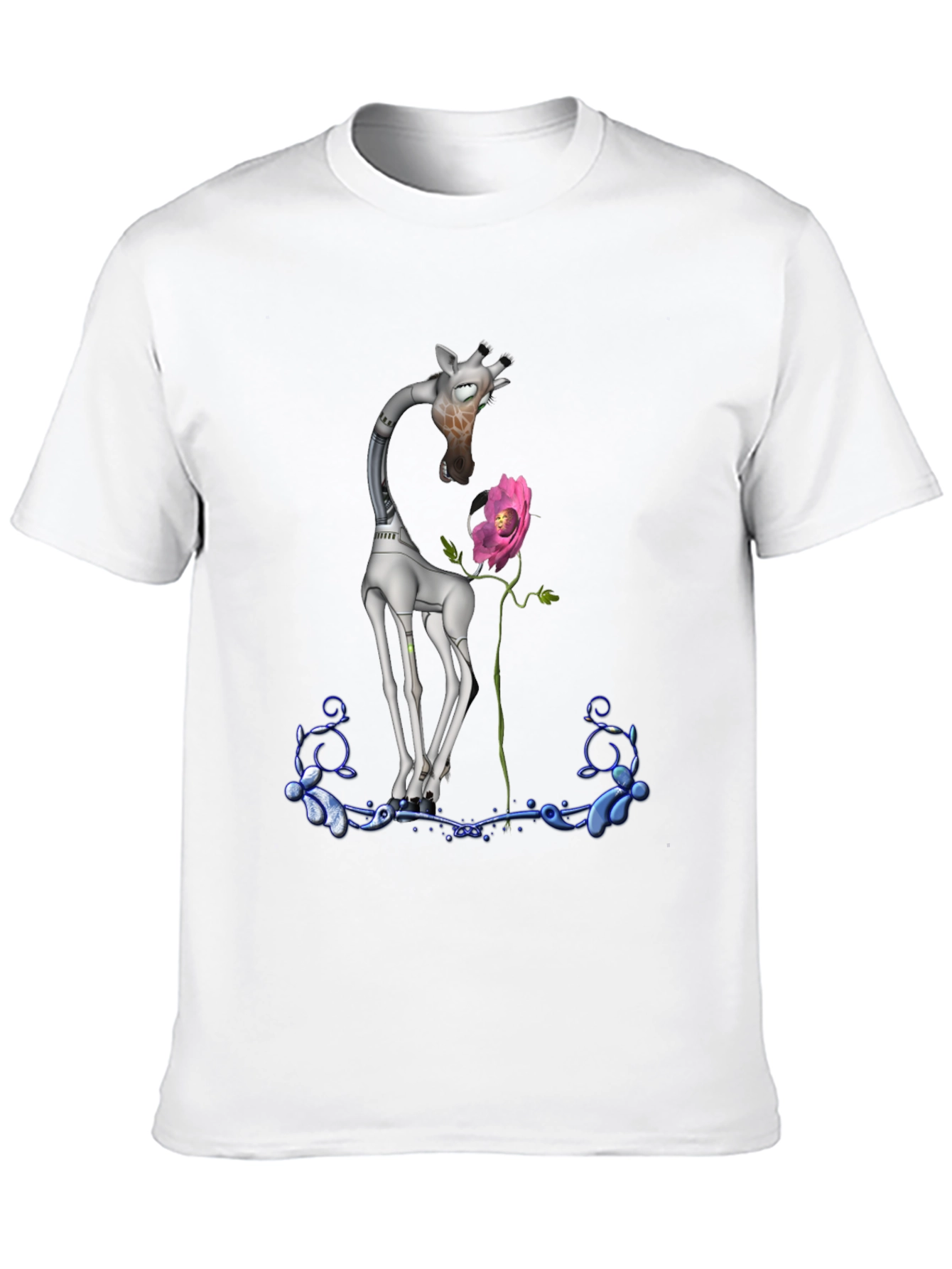 Black Robotic Giraffe & Flower Graphic Tee - Quirky Black T-Shirt view 10