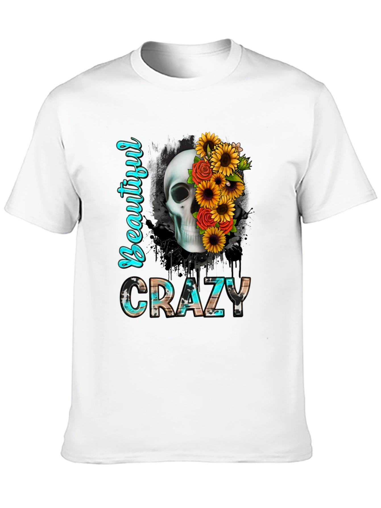 Black Beautiful Crazy Skull & Flowers Graphic Tee view 10