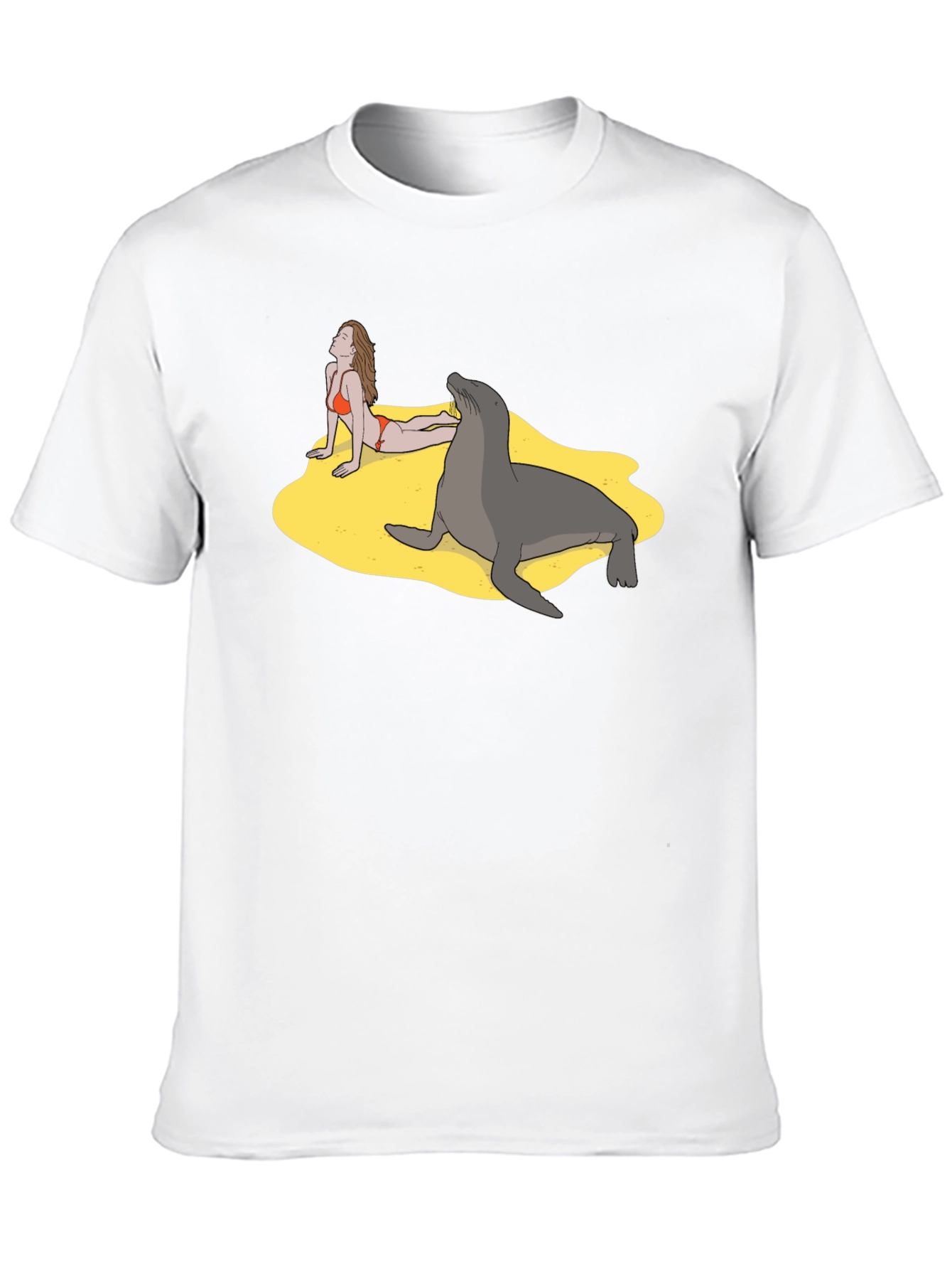 Black Funny Beach T-Shirt with Woman and Seal view 10