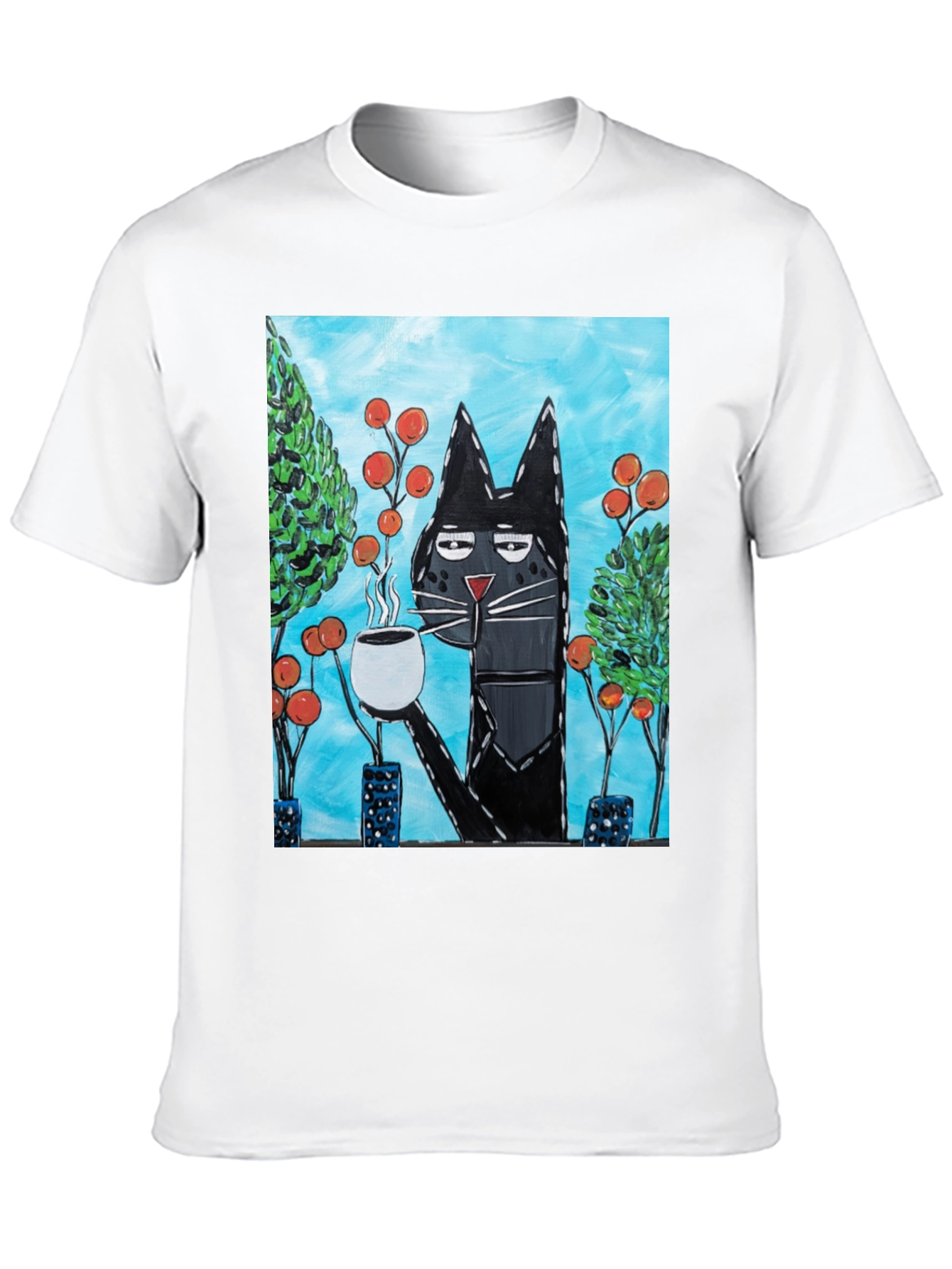 Black Cool Cat Sipping Coffee T-Shirt view 10