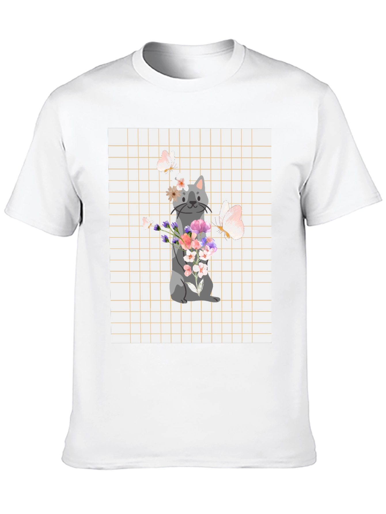 Black Cute Cat with Flowers Graphic T-Shirt view 10