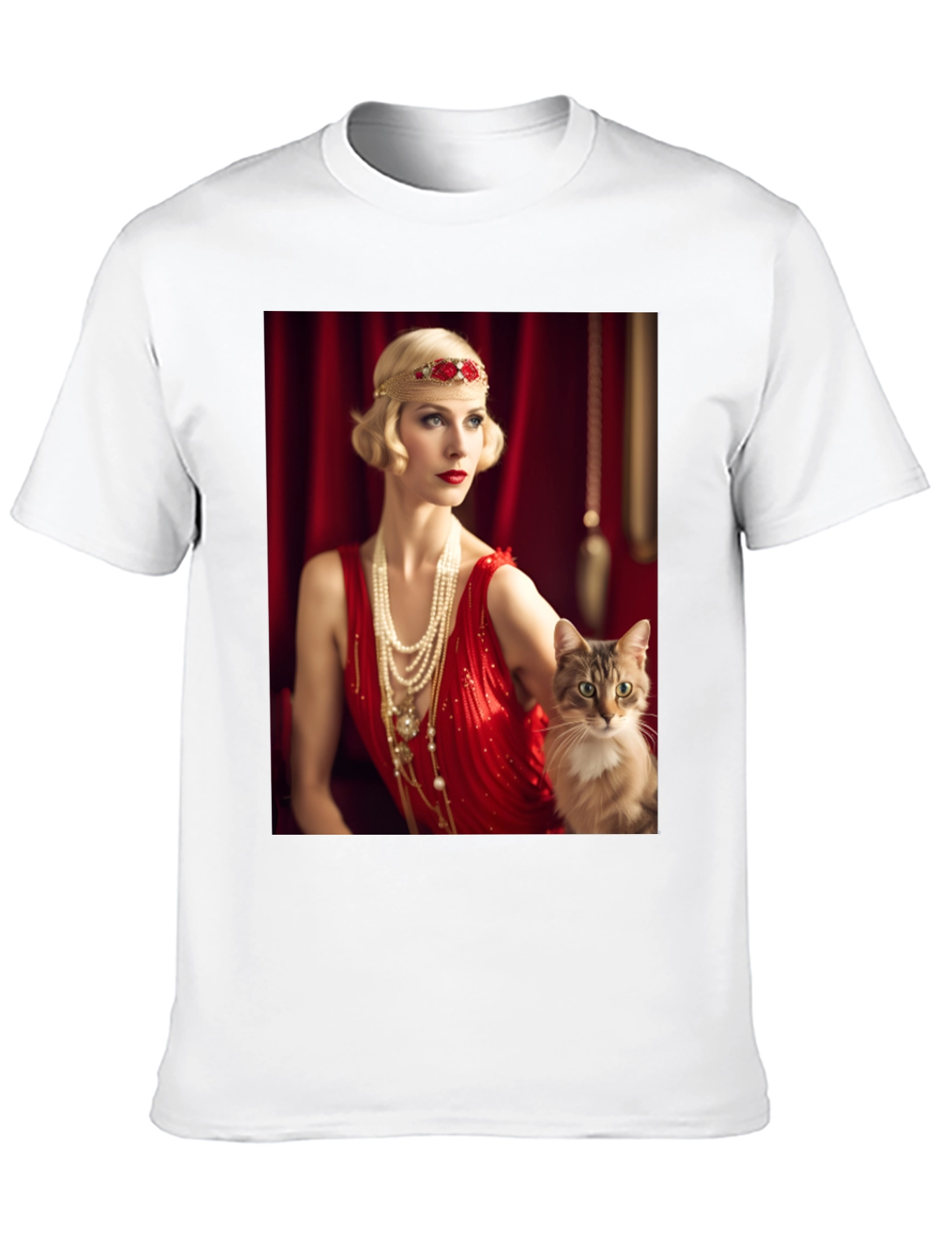 Black Retro Glam T-Shirt: Woman & Cat view 10