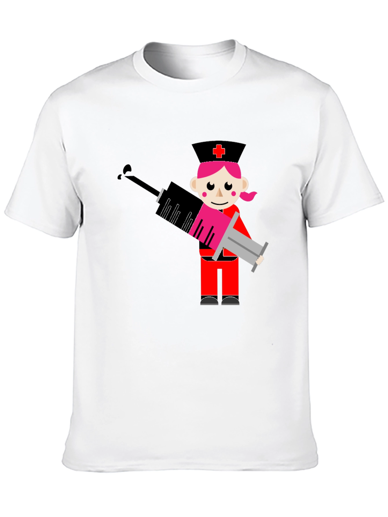 Black Cartoon Nurse Syringe Graphic T-Shirt - Black Cotton Tee view 10