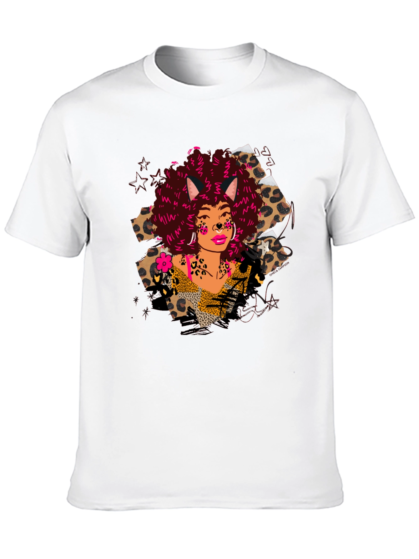 Black Leopard Print T-Shirt with Afro Cat Lady Design view 10