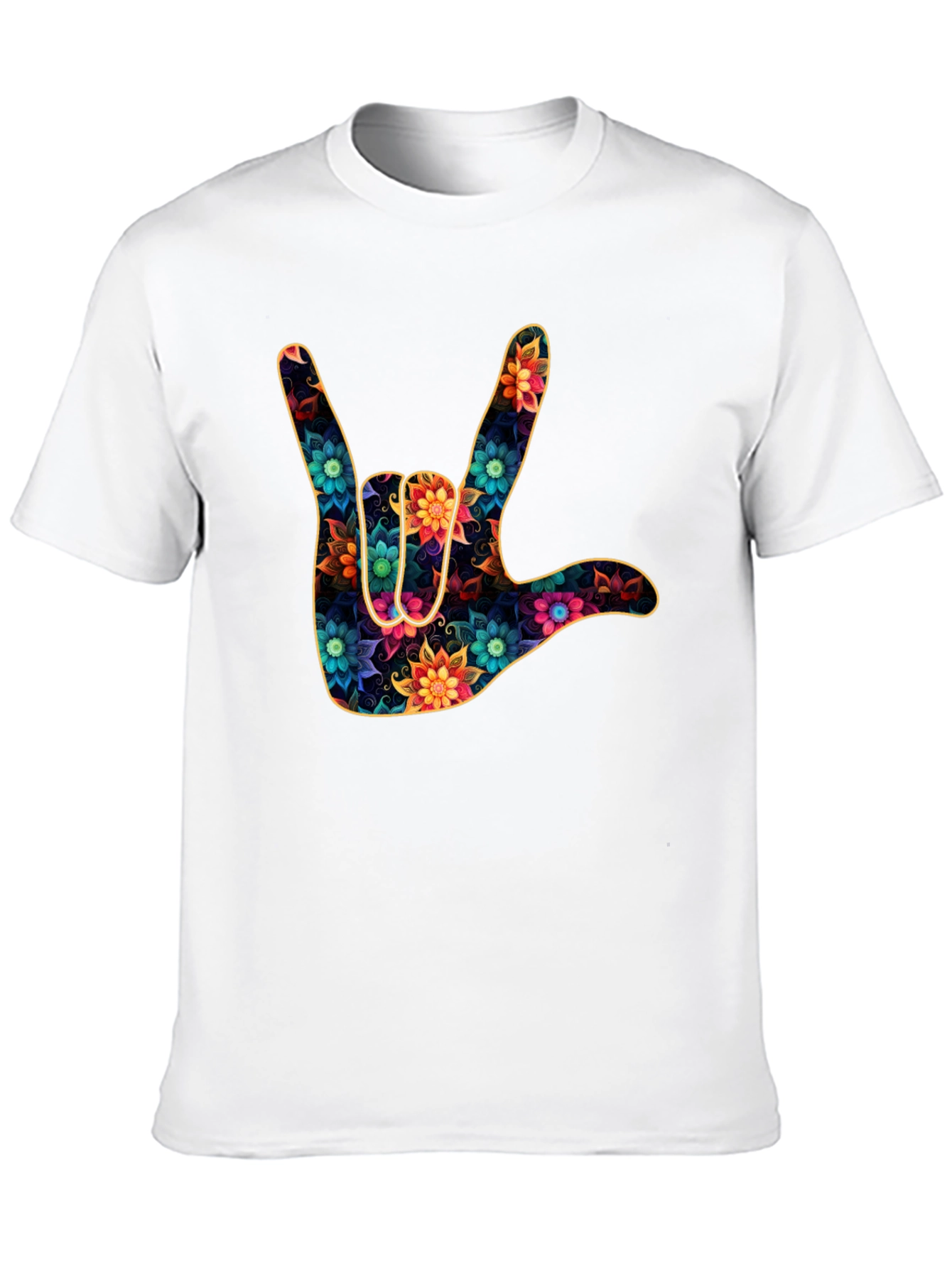 Black Floral "I Love You" Hand Sign Black T-Shirt view 10