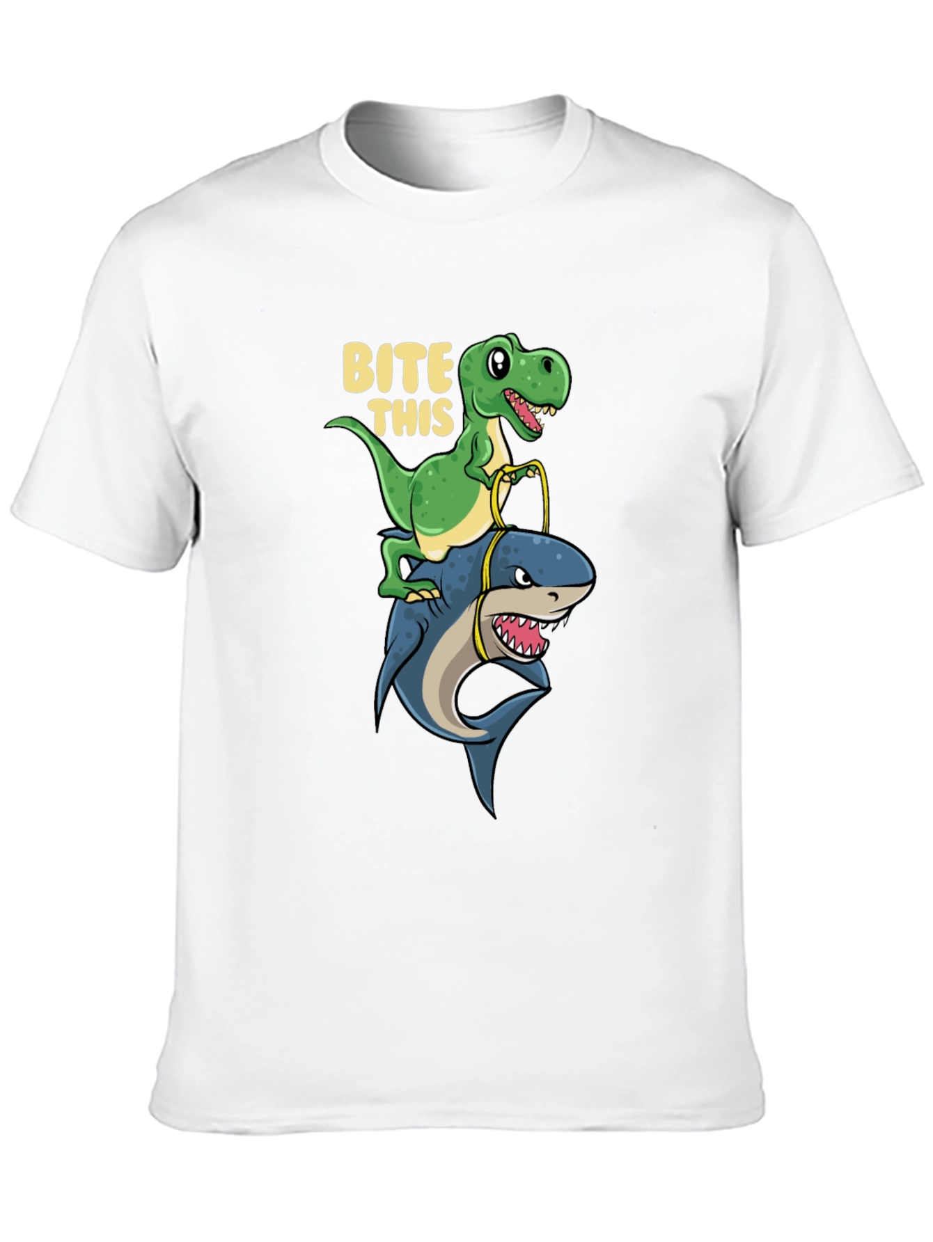 Black Dino Riding Shark T-Shirt - Bite This Funny Graphic Tee view 10