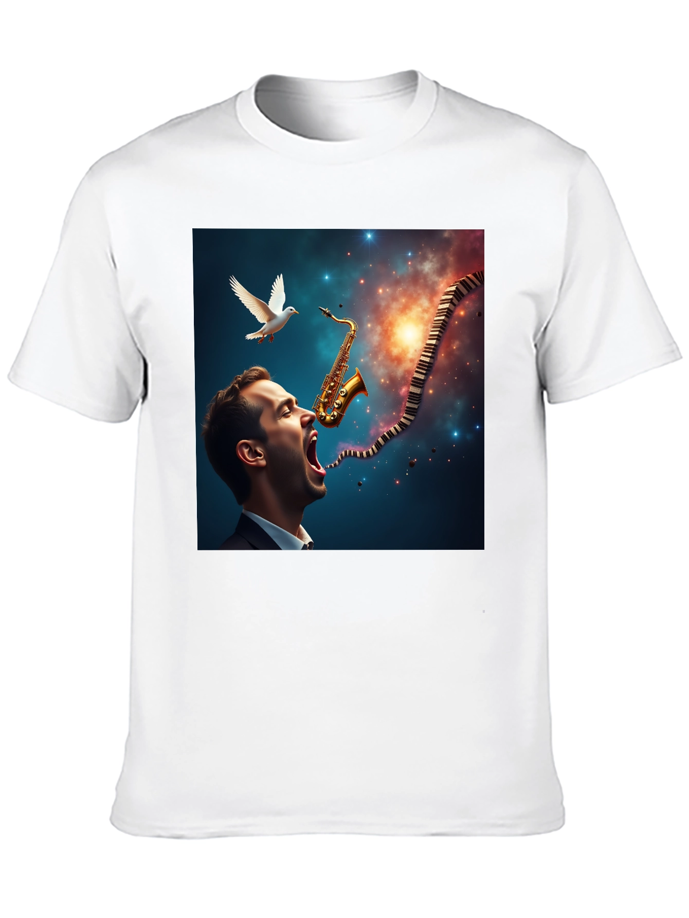 Black Jazz Harmony T-Shirt: Saxophone & Piano Keys Design view 10