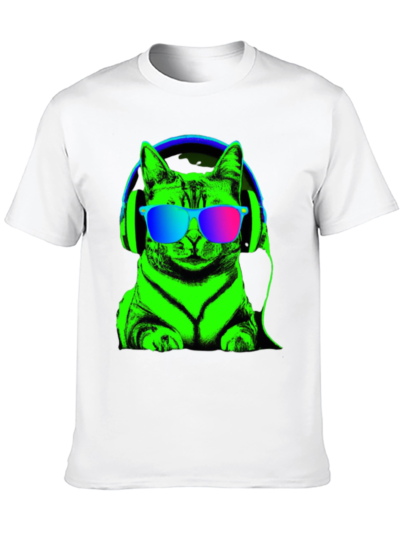 Black Cool Cat Tee: Neon Cat with Headphones T-Shirt view 10
