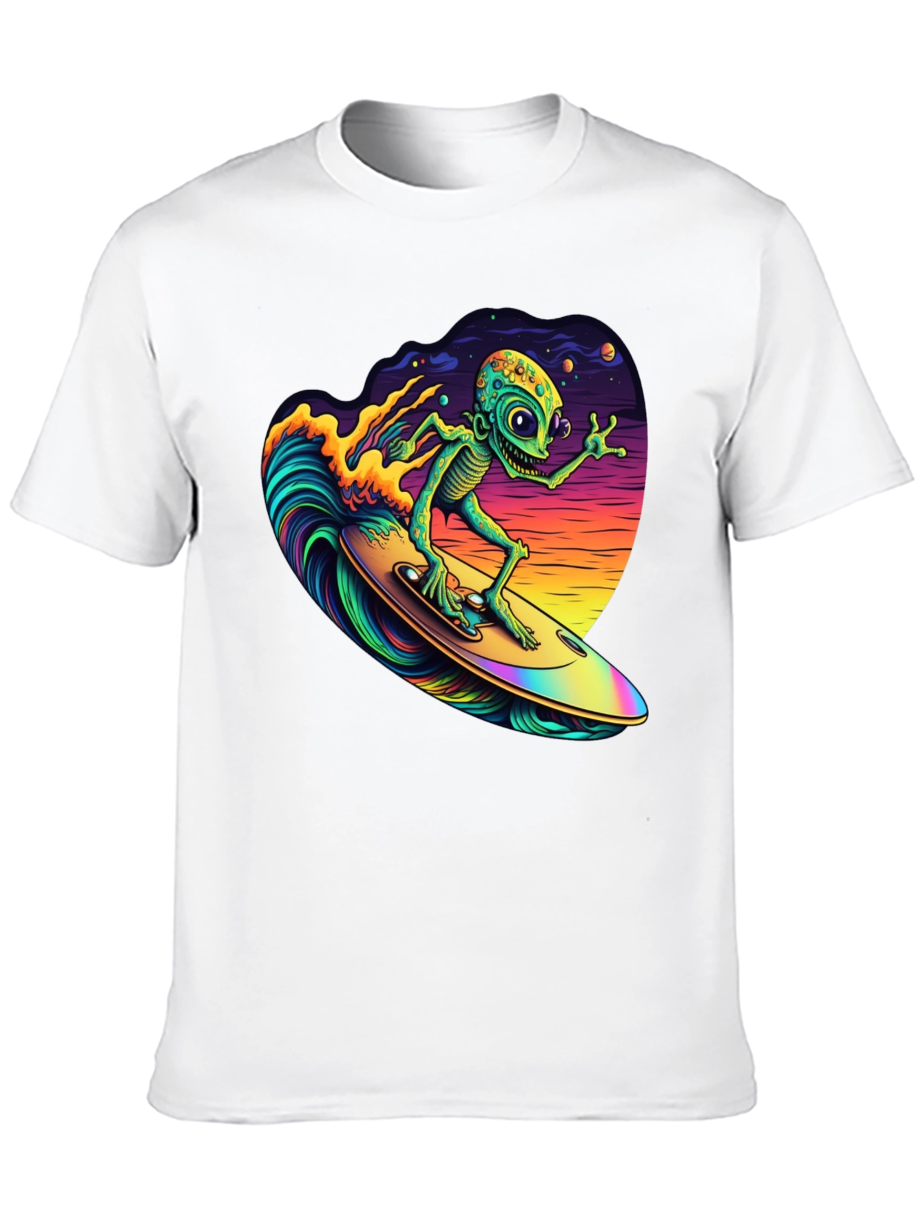 Black Surfing Alien T-Shirt - Black Cotton Tee view 10