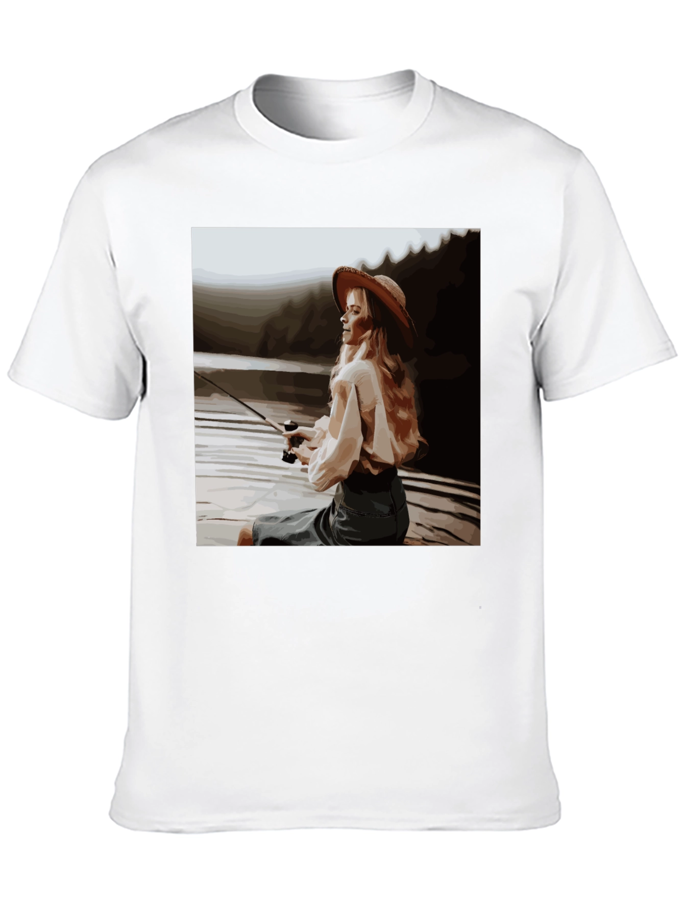 Black Woman Fishing Graphic Tee - Black Cotton T-Shirt view 10
